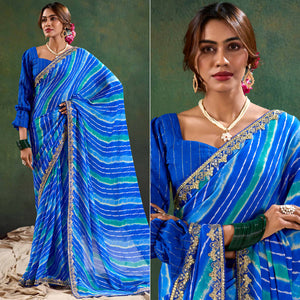 Blue Printed Chiffon Saree With Sequins Border