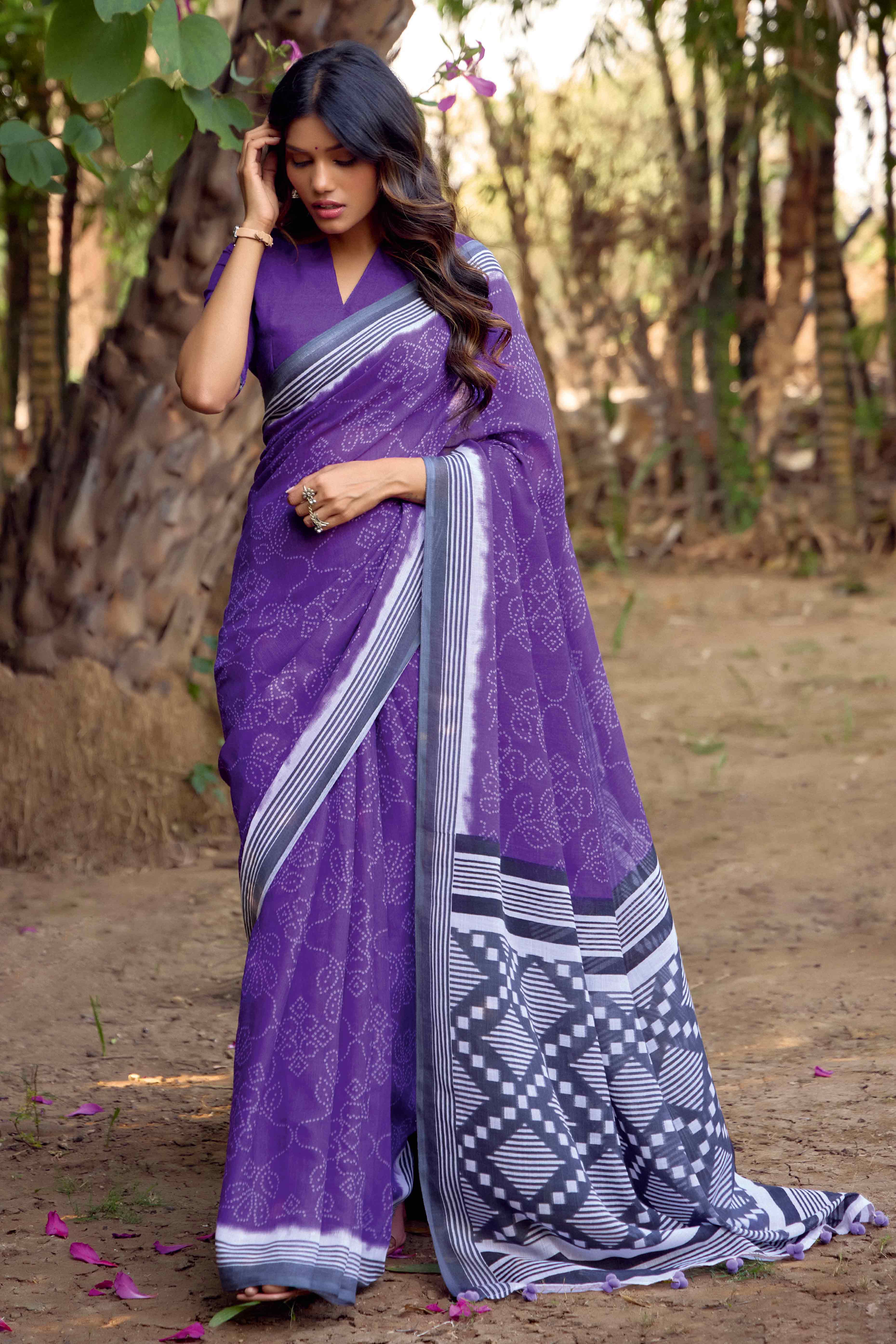 Purple Bandhani Printed Linen Saree