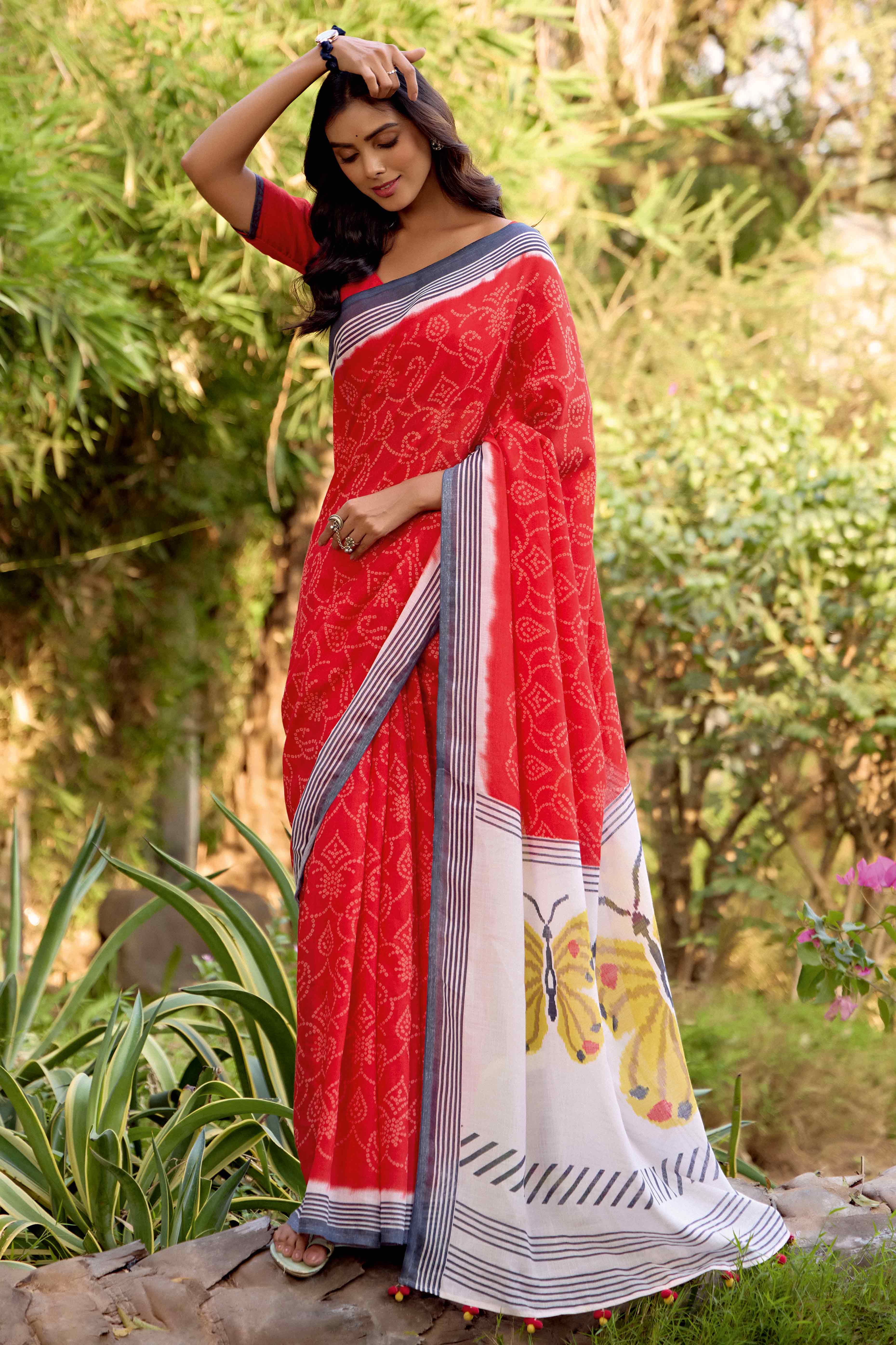 Red Bandhani Printed Linen Saree
