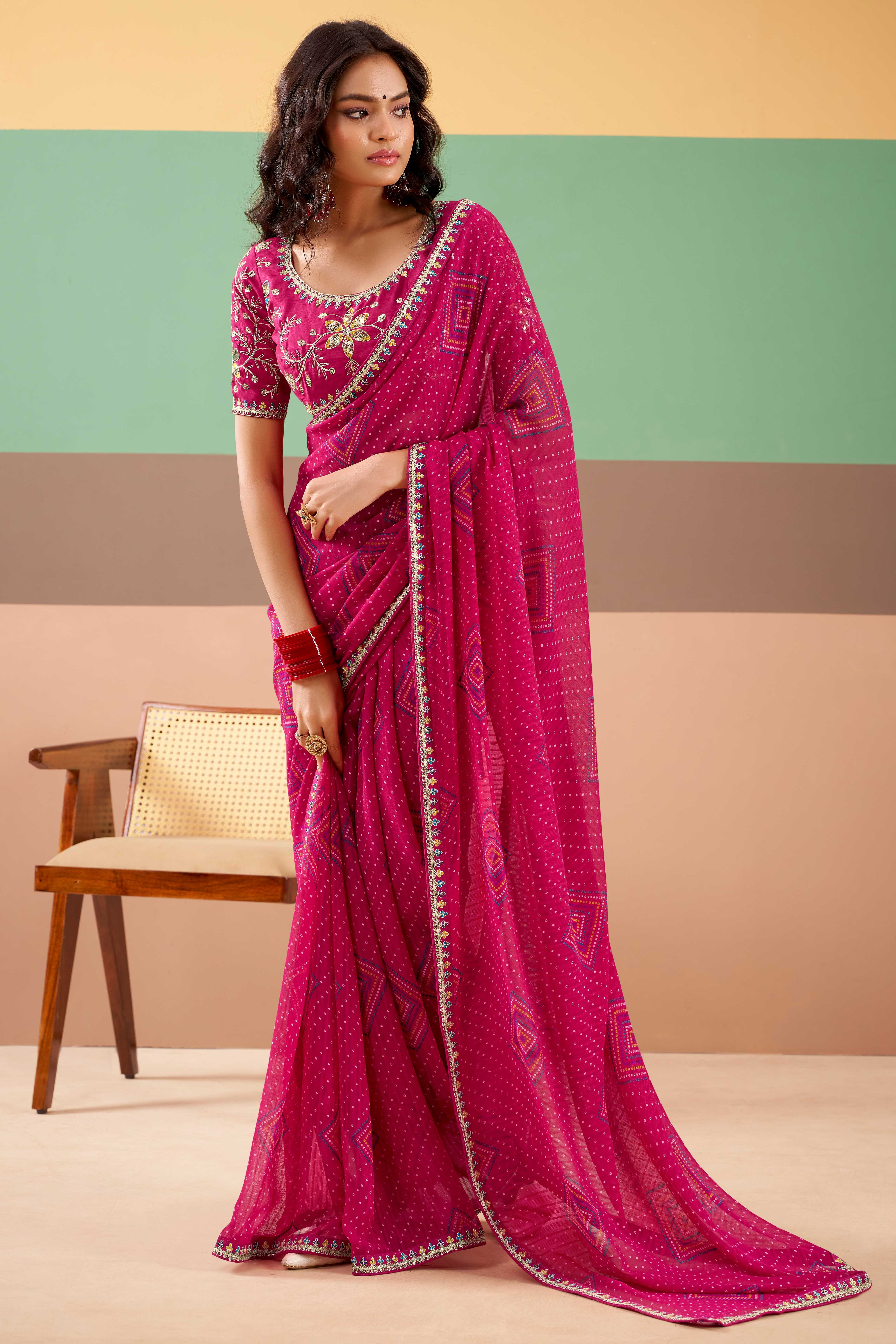 Charming Pink Bandhani Printed Georgette Saree Adorned With Intricate Cording Embroidered Border
