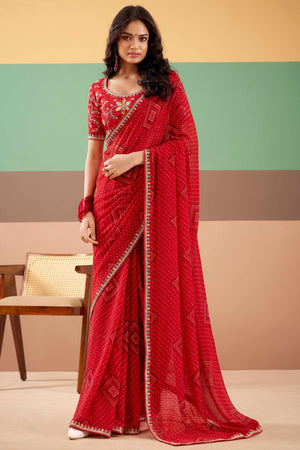 Charming Red Bandhani Printed Georgette Saree Adorned With Intricate Cording Embroidered Border