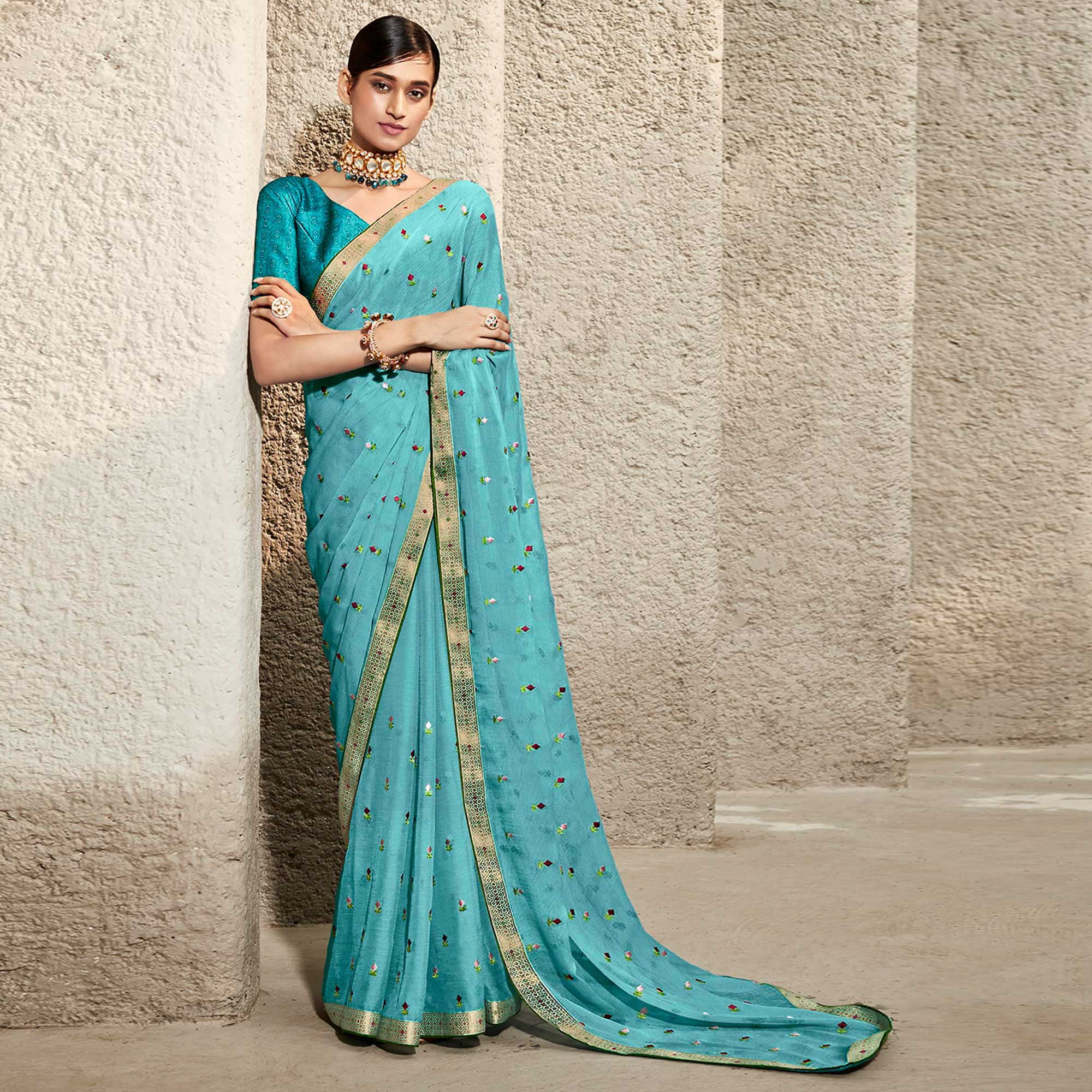 Blue Floral Embroidered Chiffon Saree
