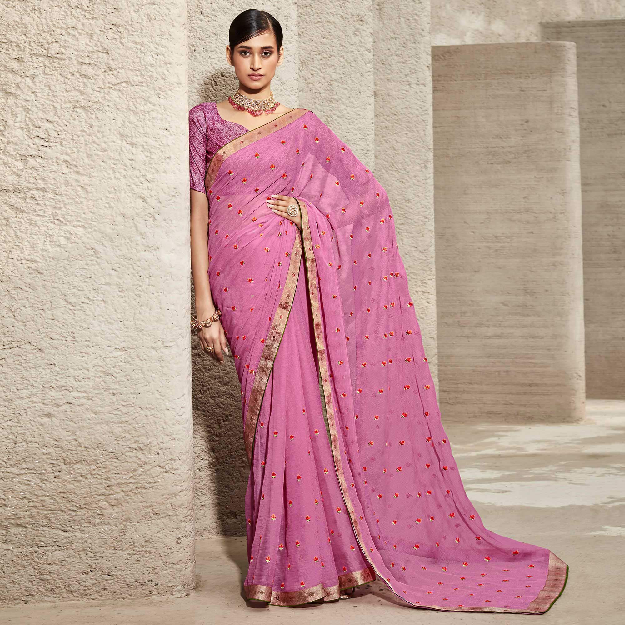 Pink Floral Embroidered Chiffon Saree