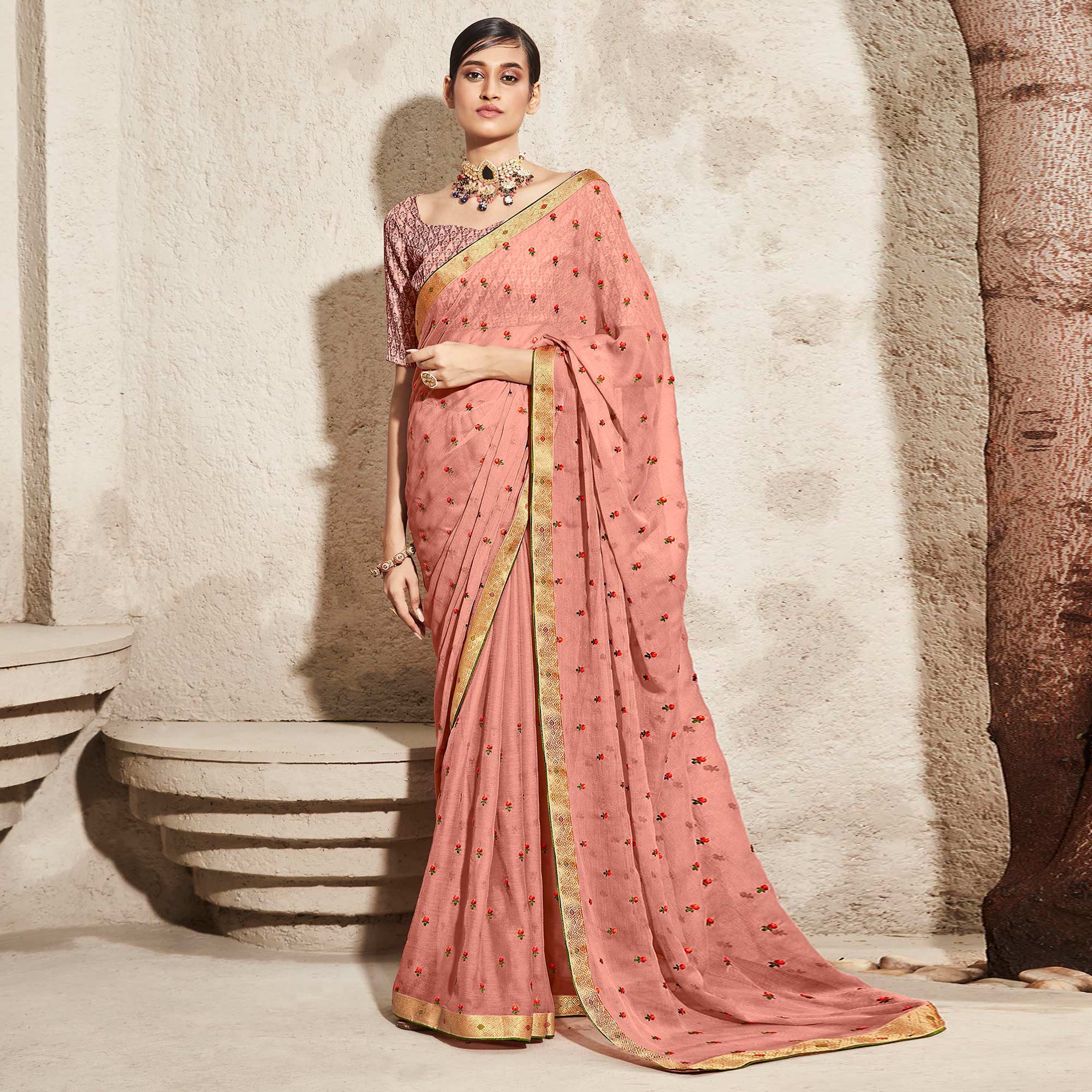 Peach Floral Embroidered Chiffon Saree