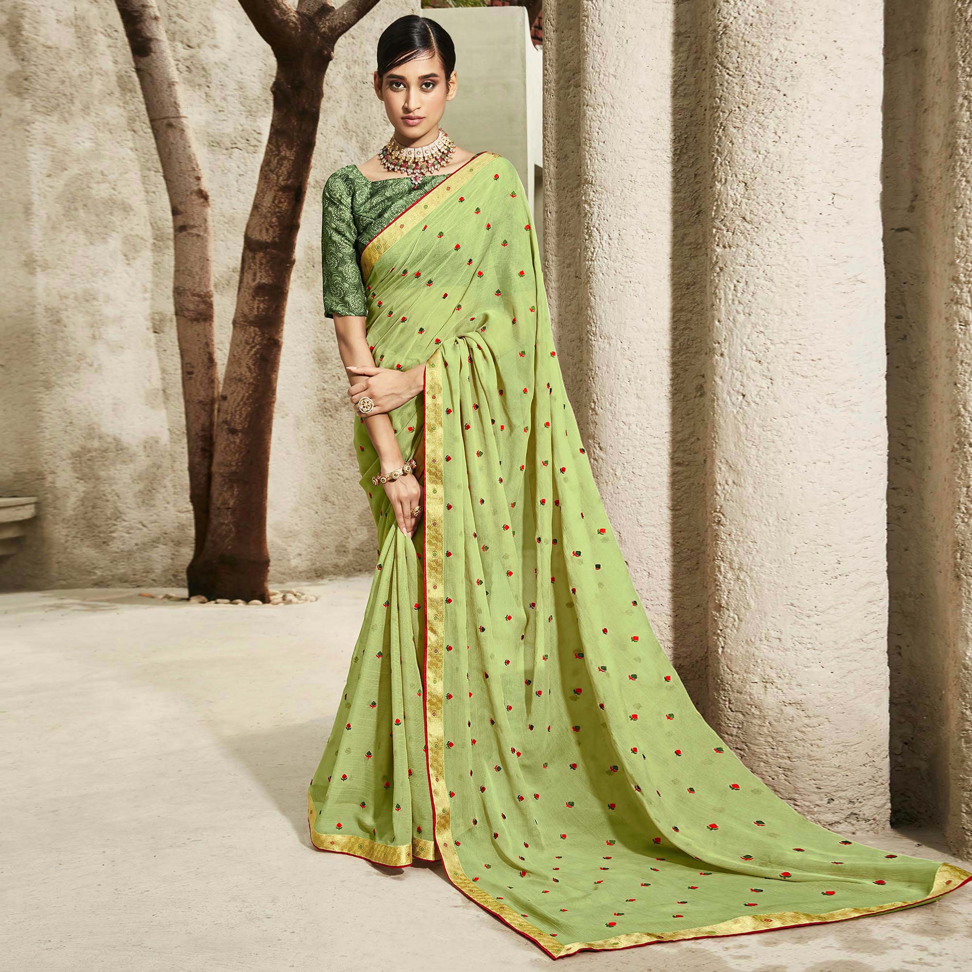 Green Floral Embroidered Chiffon Saree