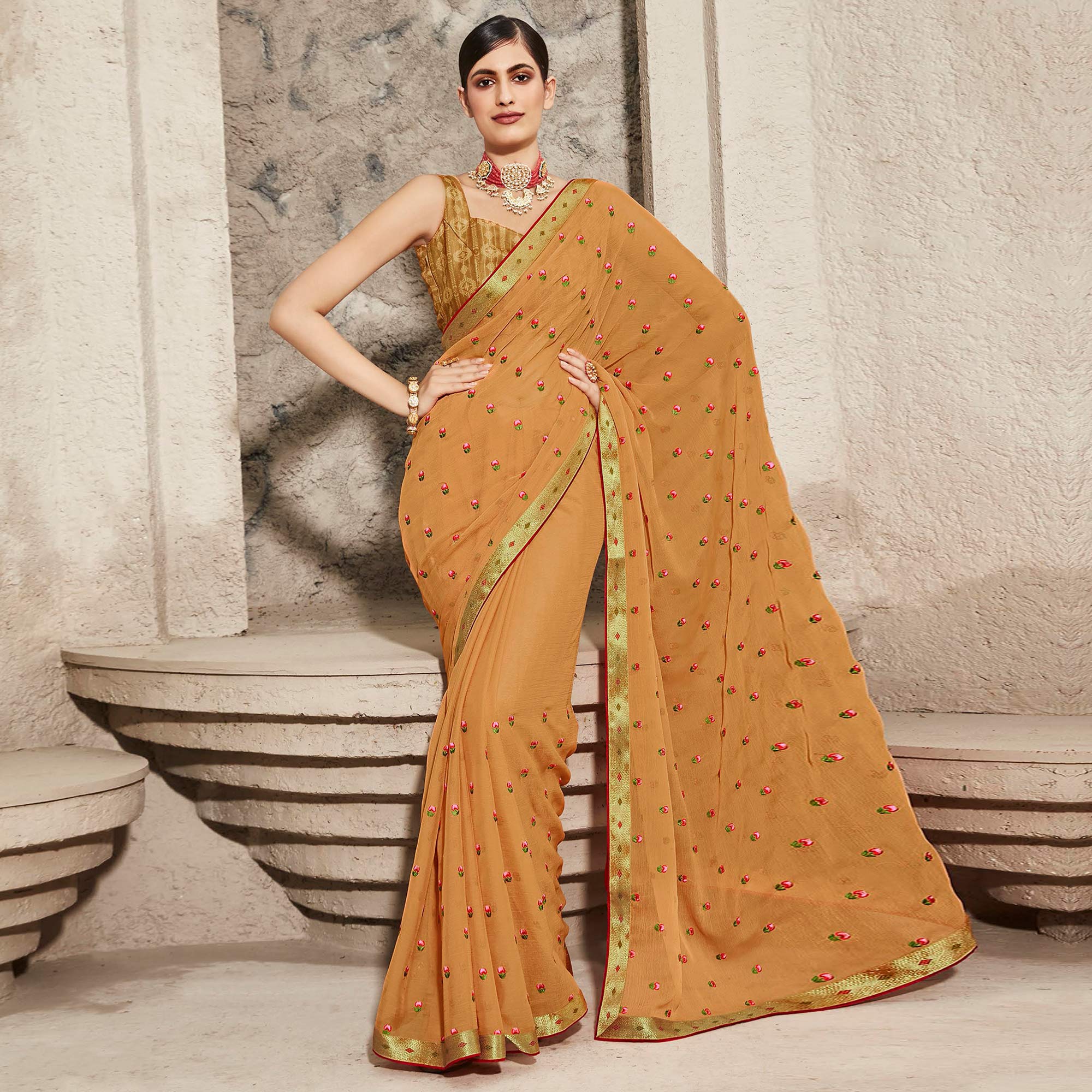 Rust Floral Embroidered Chiffon Saree