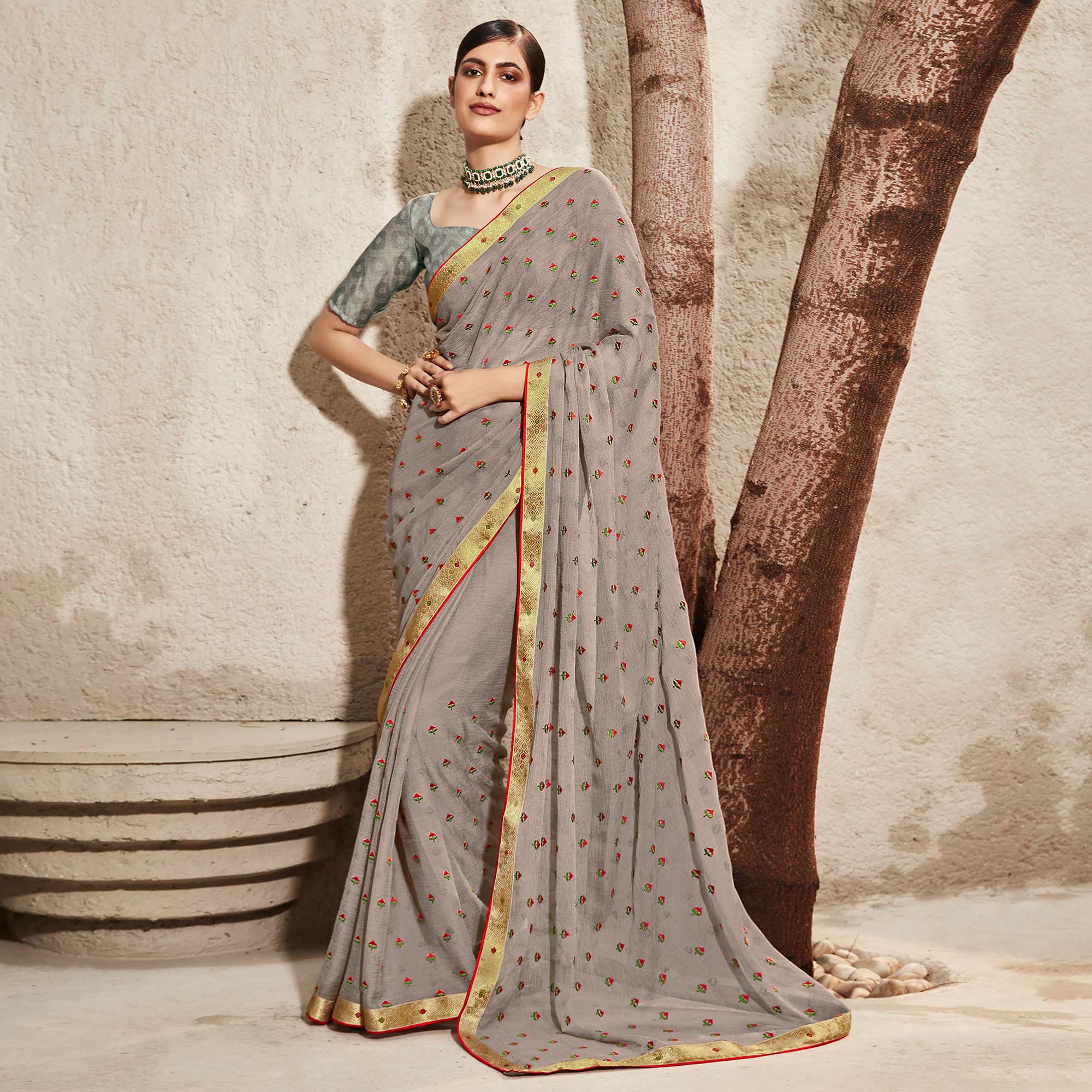 Grey Floral Embroidered Chiffon Saree