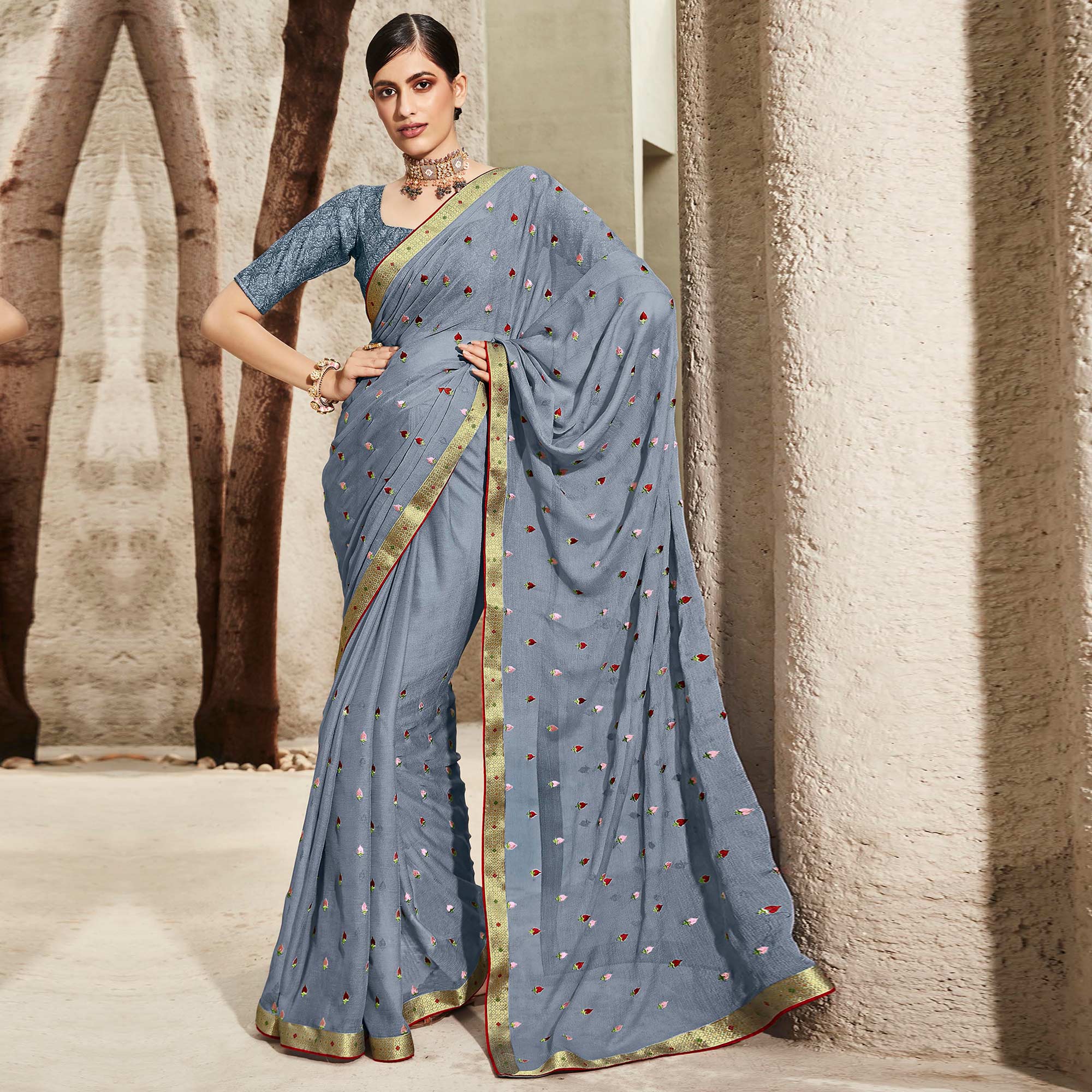 Grey Floral Embroidered Chiffon Saree