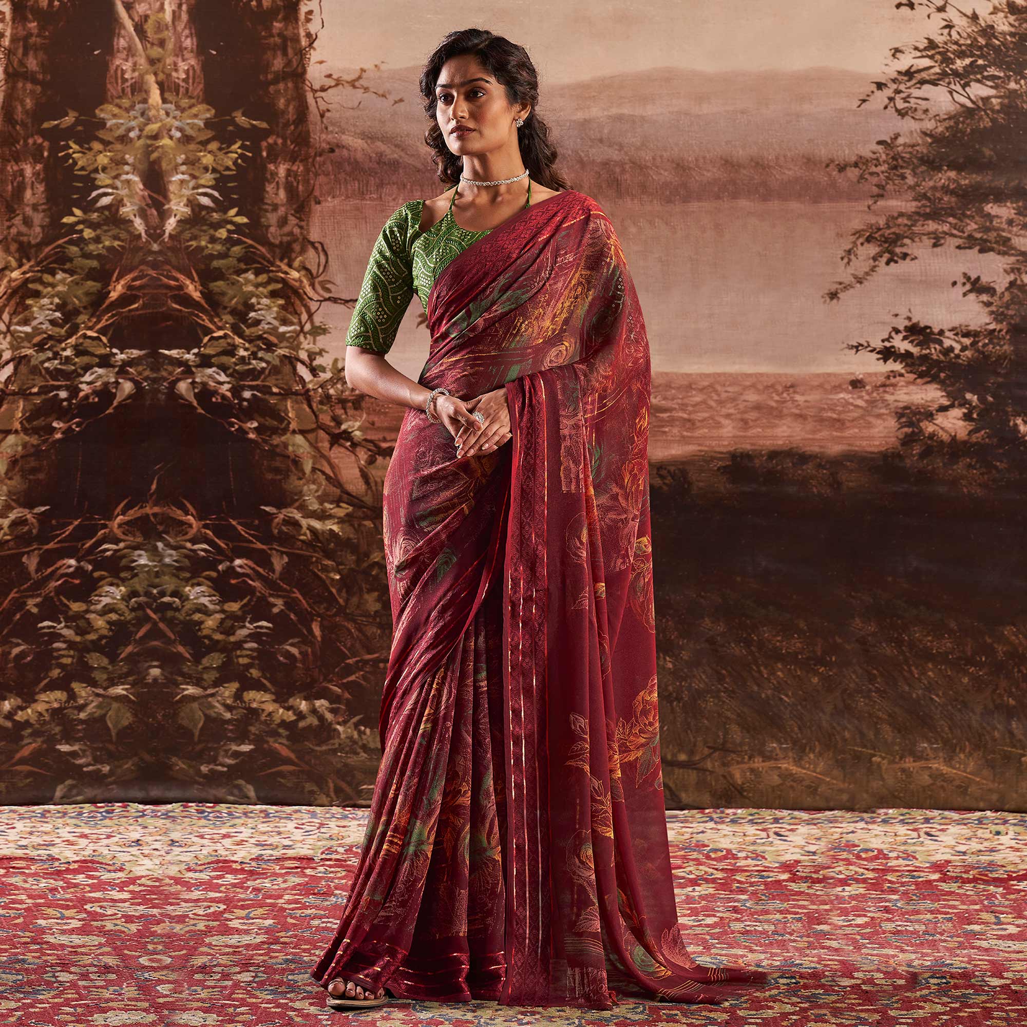 Wine Floral Printed Georgette Saree