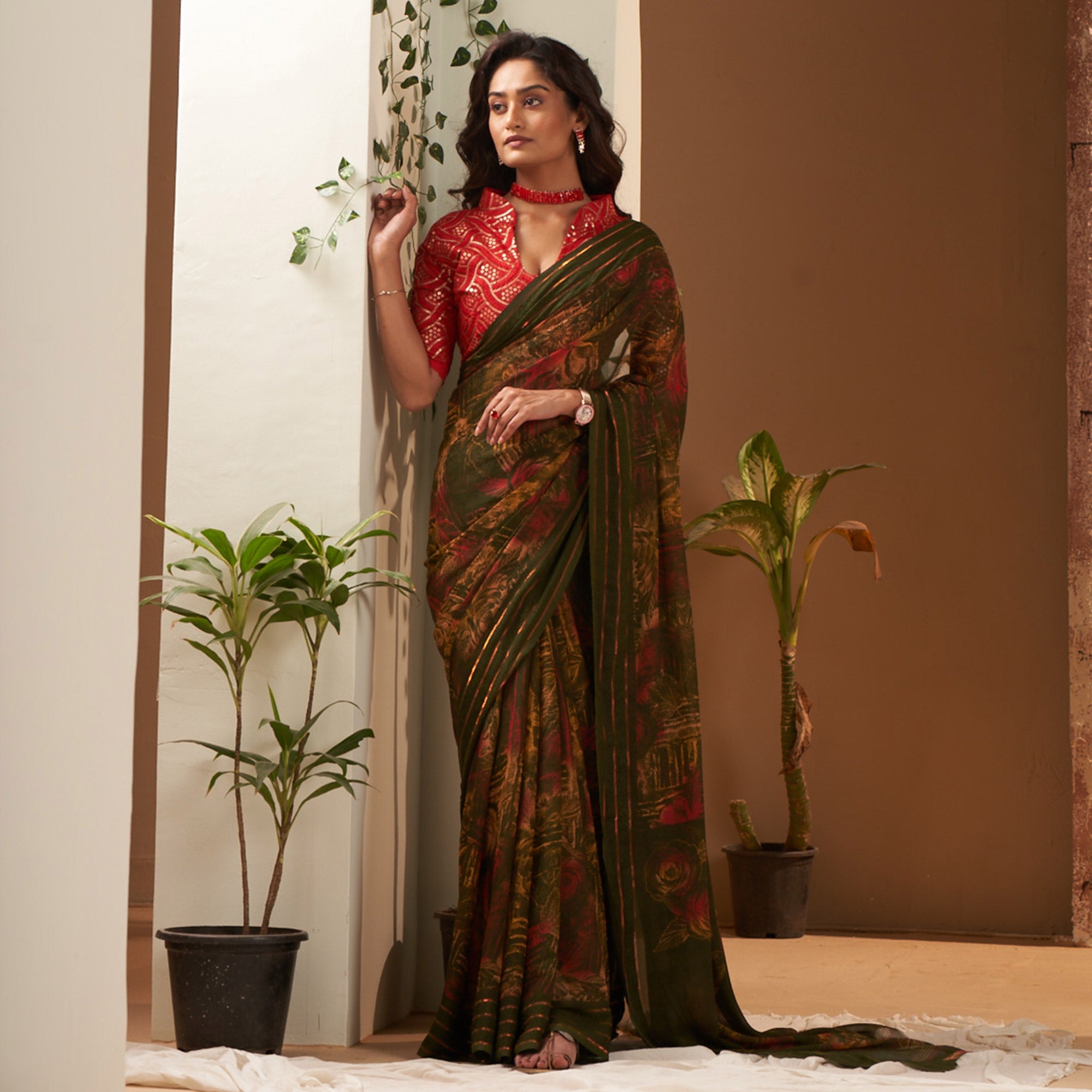 Mehandi Green Floral Printed Georgette Saree
