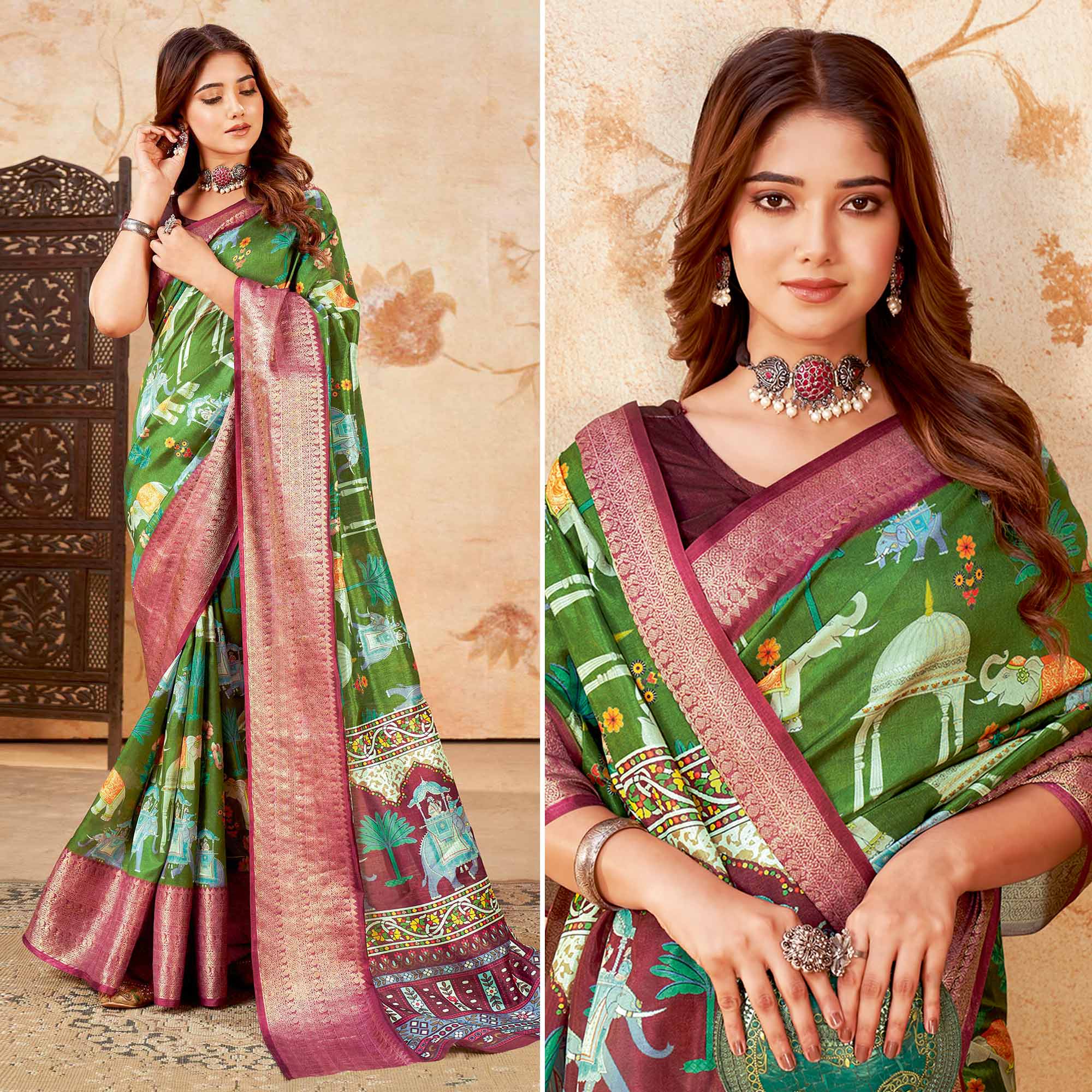 Green Printed Cotton Silk Saree With Jacquard Border