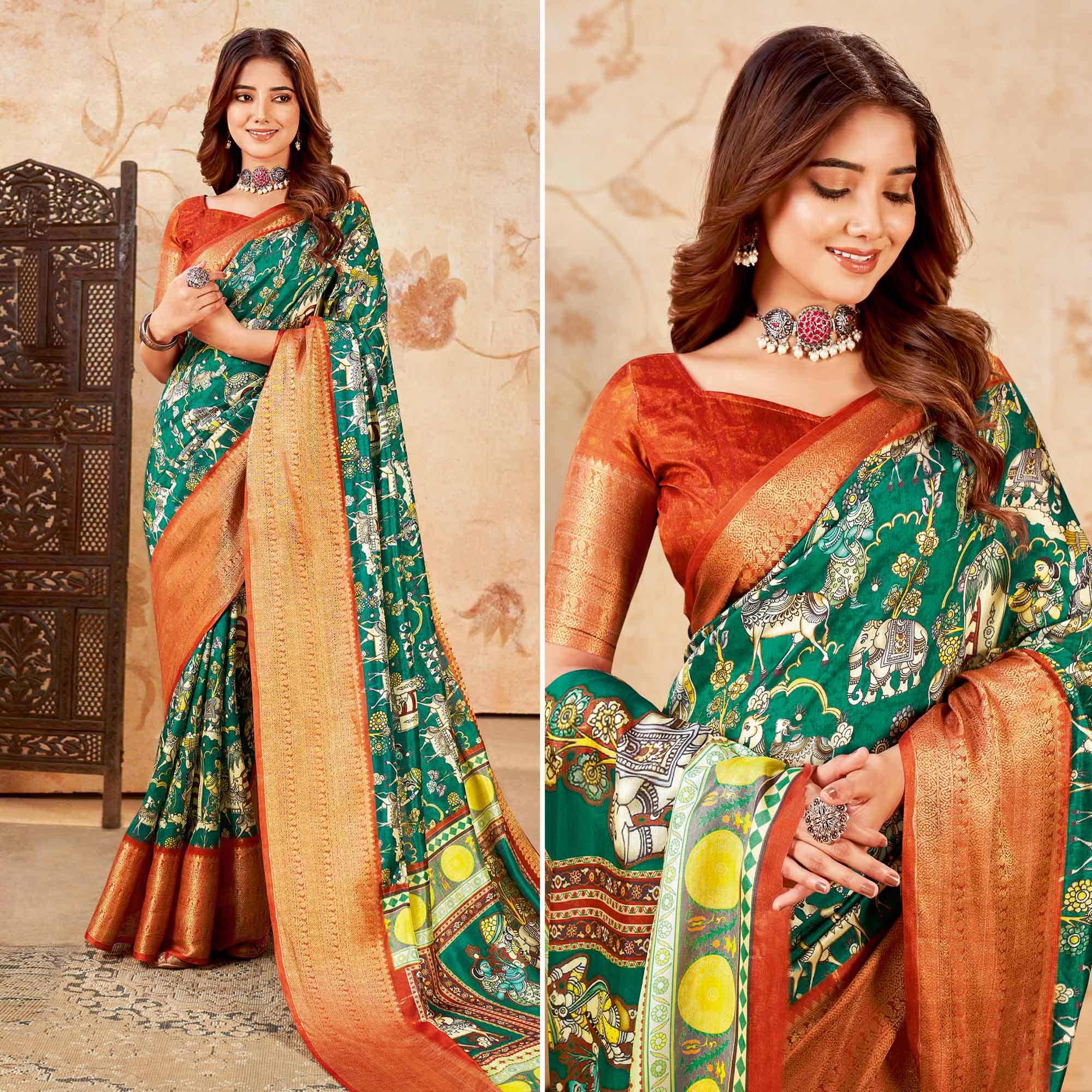 Rama Green Printed Cotton Silk Saree With Jacquard Border