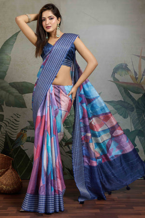 Blue Silk Blend Saree with Geometric Print