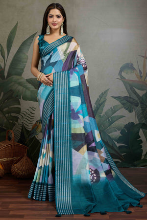 Teal Silk Blend Saree with Geometric Print
