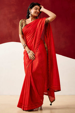 Graceful Red Handloom Cotton Blend Saree Featuring Striped Lining Embroidery & Tassel Pallu