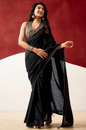 Graceful Black Handloom Cotton Blend Saree Featuring Striped Lining Embroidery & Tassel Pallu