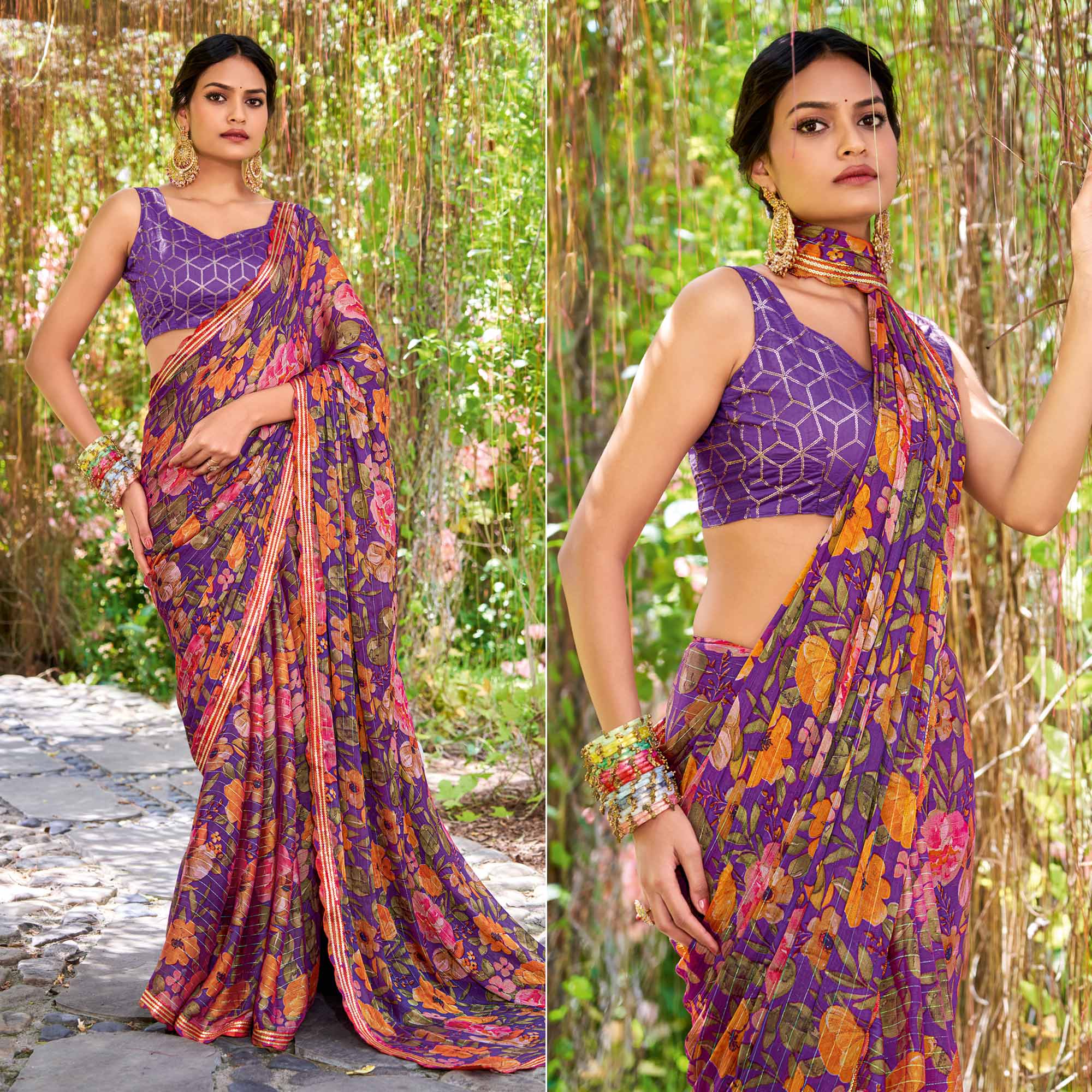 Purple Floral Printed Chiffon Saree With Zari Work