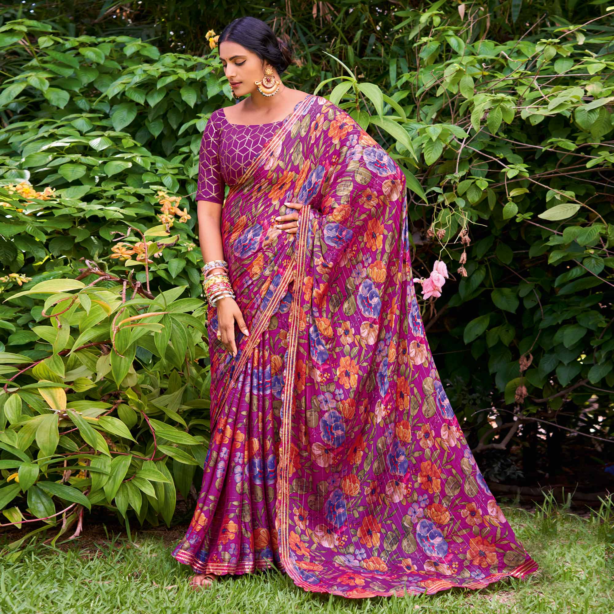 Purple Floral Printed Chiffon Saree With Zari Work
