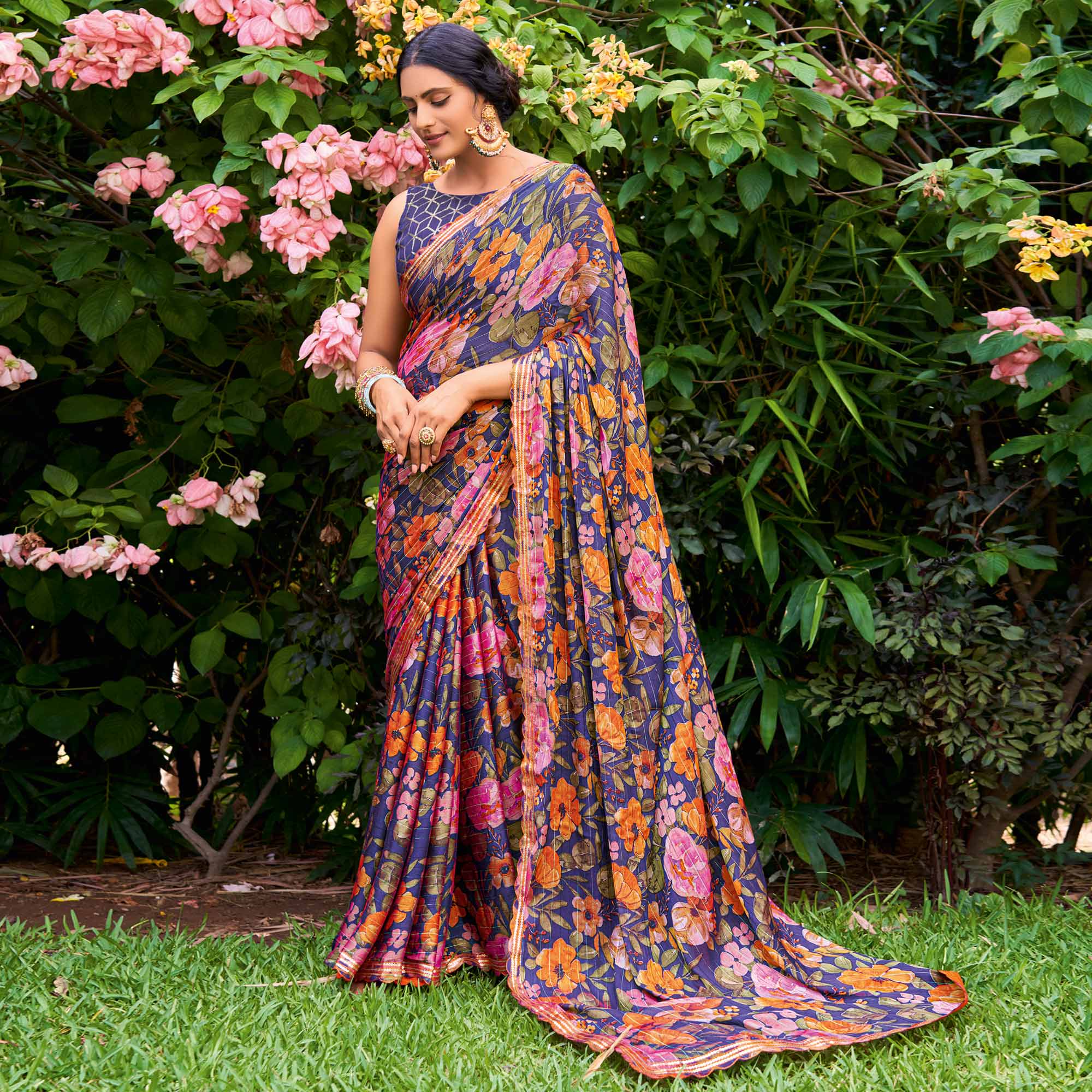 Blue Floral Printed Chiffon Saree With Zari Work