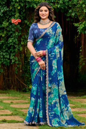 Blue Floral Chiffon Saree Enhanced with Fine Embroidery on the Border