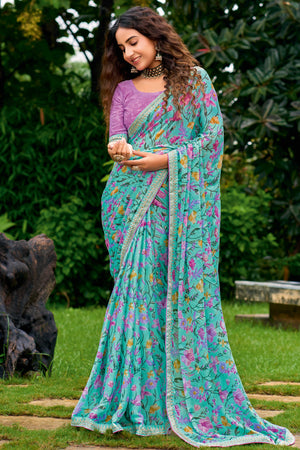 Turquoise Floral Chiffon Saree Enhanced with Fine Embroidery on the Border
