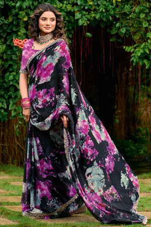 Black Floral Chiffon Saree Enhanced with Fine Embroidery on the Border