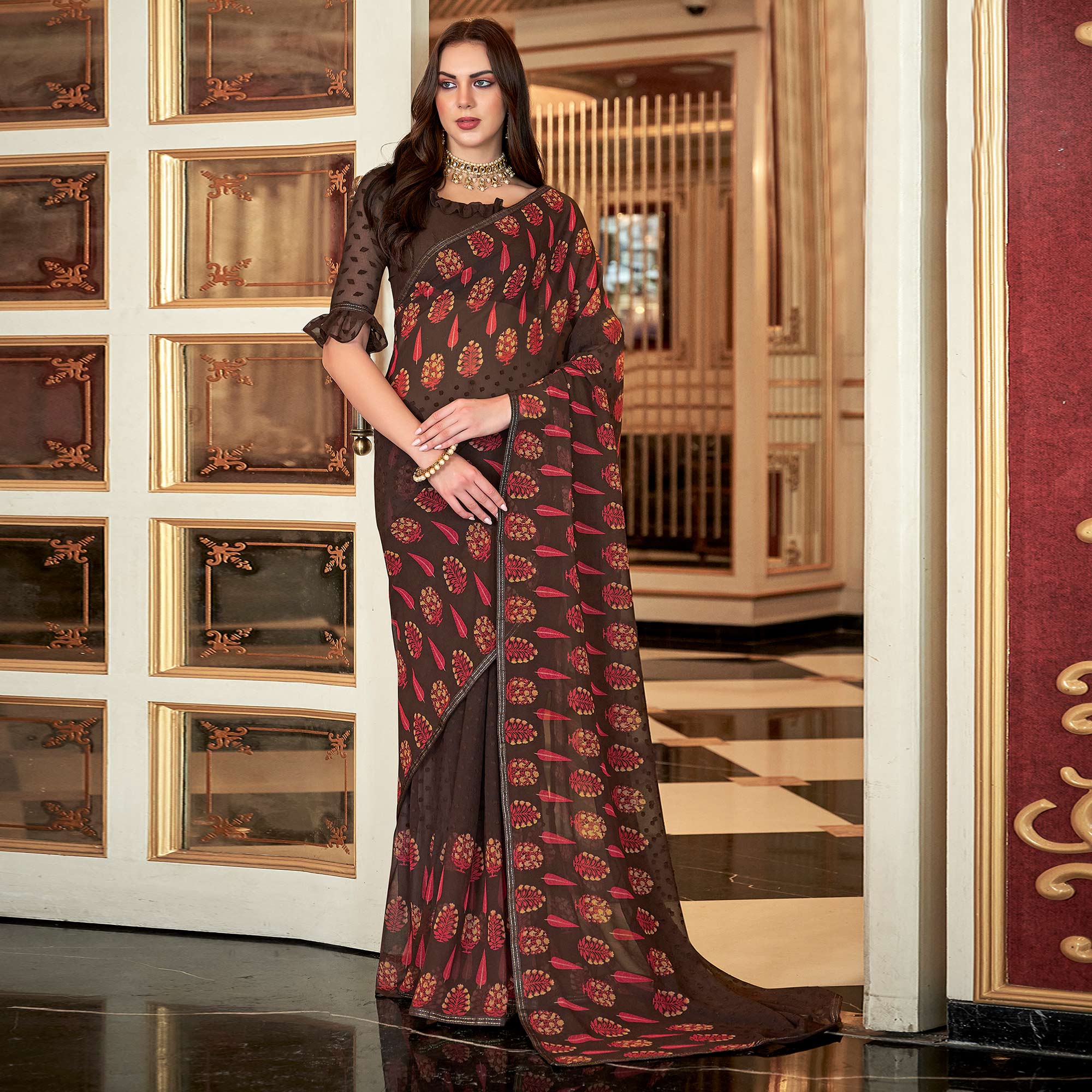 Brown Floral Printed Georgette Saree with Stich Border