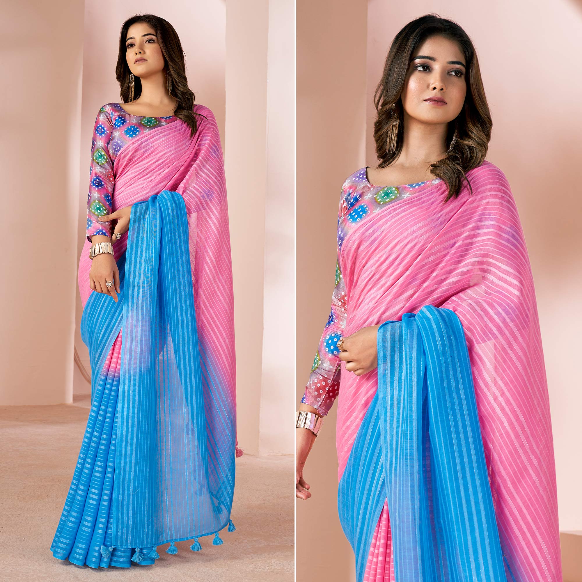 Pink & Blue Woven Linen Saree With Tassels