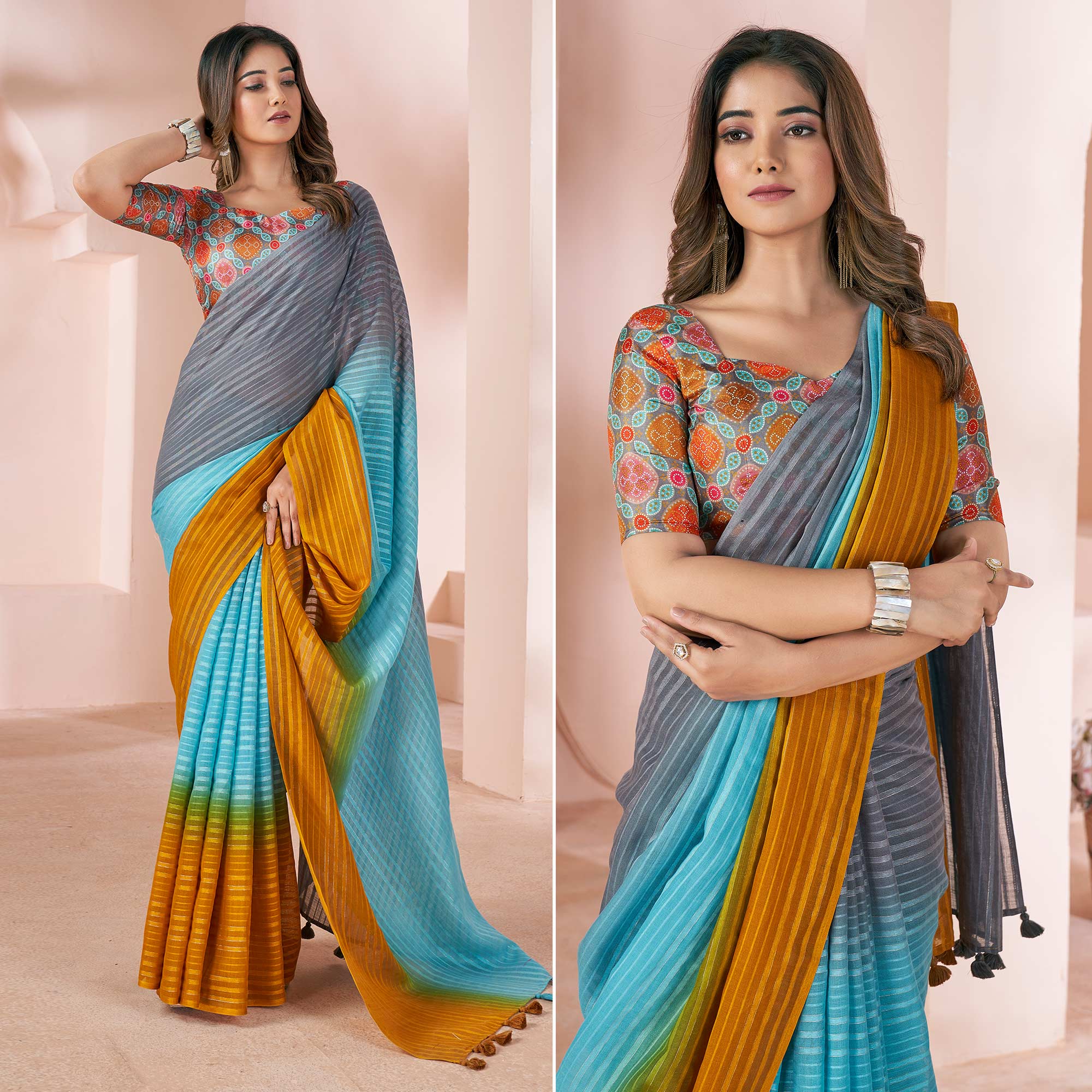 Multicolor Woven Linen Saree With Tassels