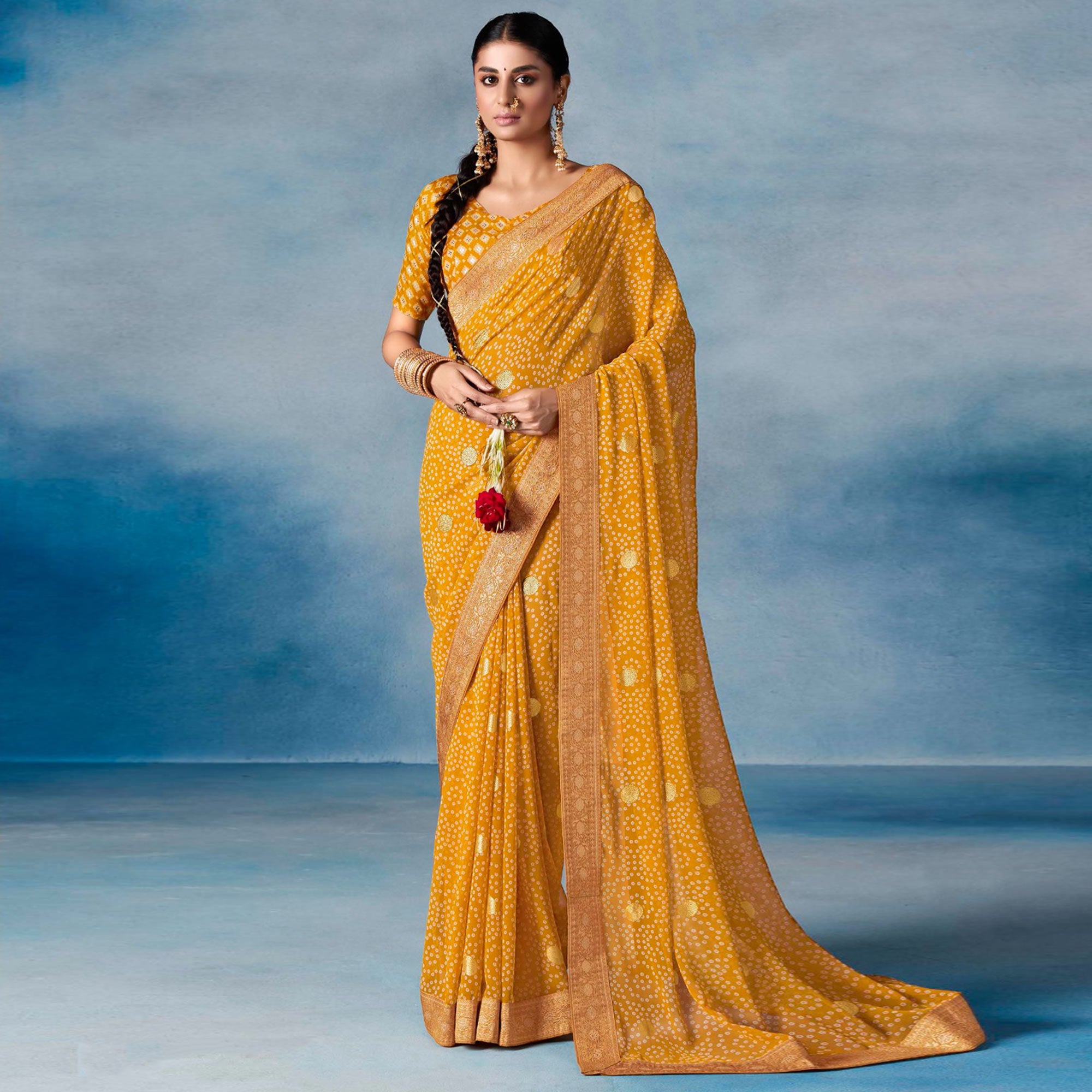 Mustard Bandhani Printed With Woven Border Georgette Saree