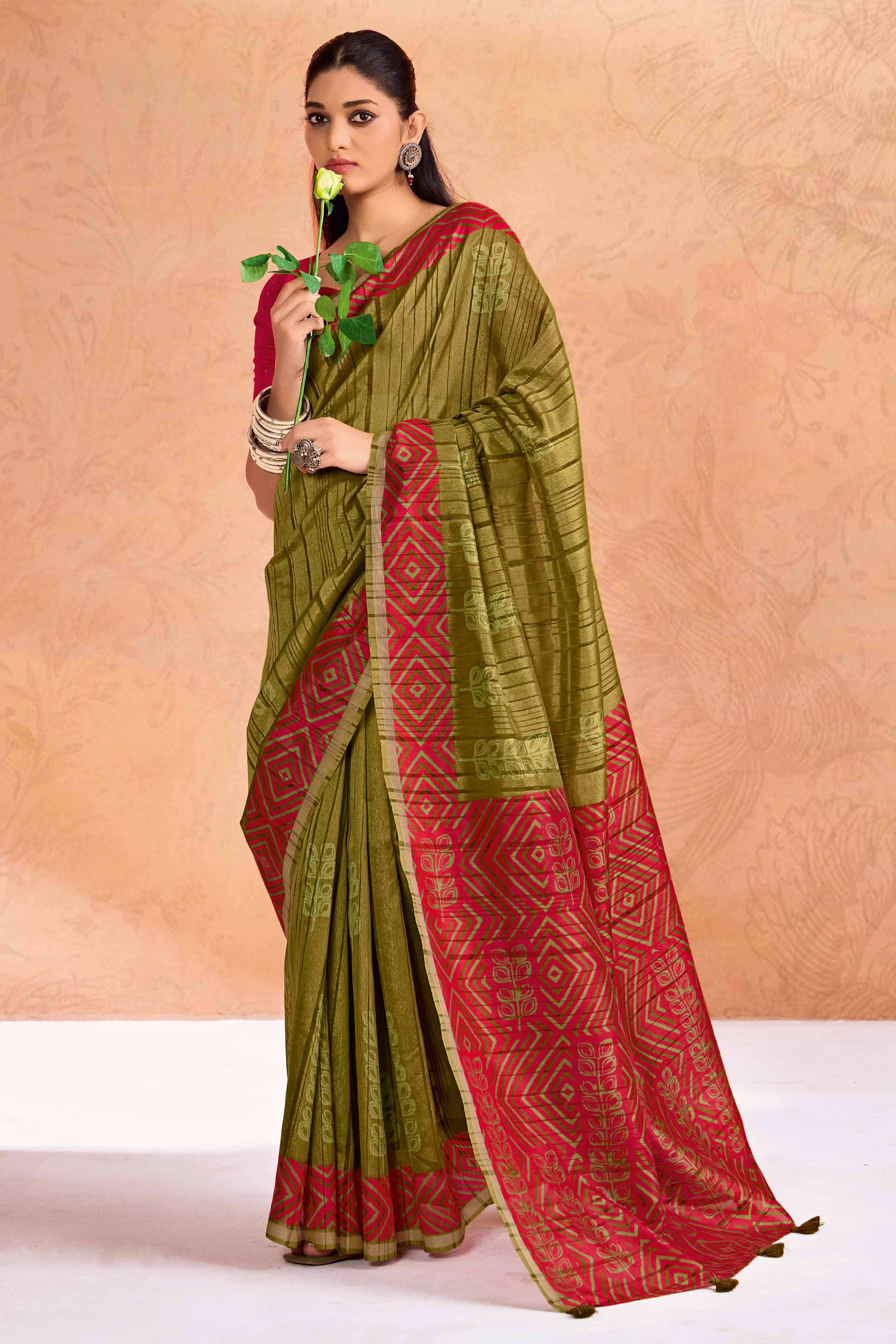 Mehendi Green Silk Blend Saree with Bold Abstract Print