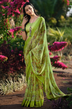 Charming Floral Print Green Chiffon Saree with Breezy Lightness