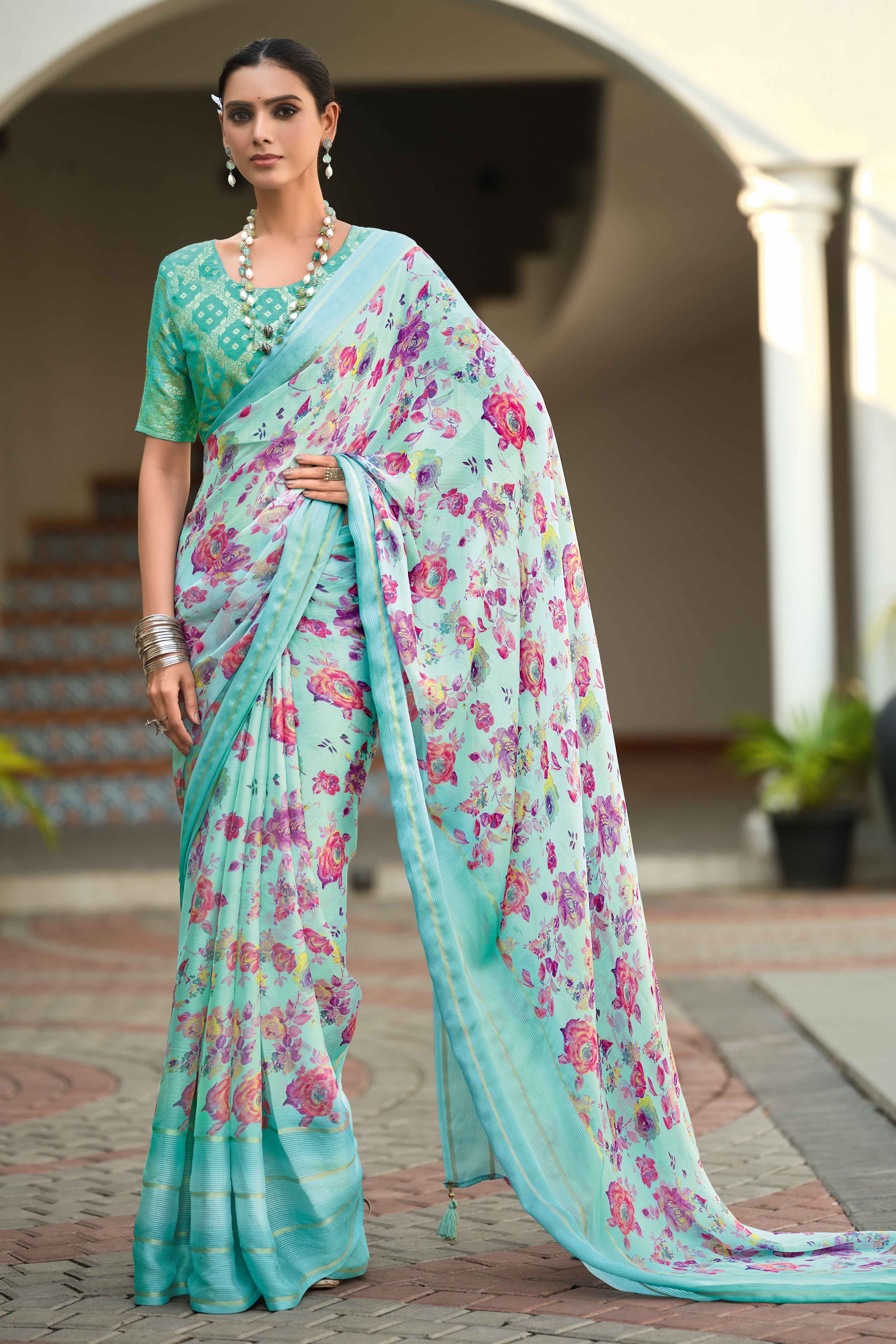 Charming Floral Print Sea Green Chiffon Saree with Breezy Lightness