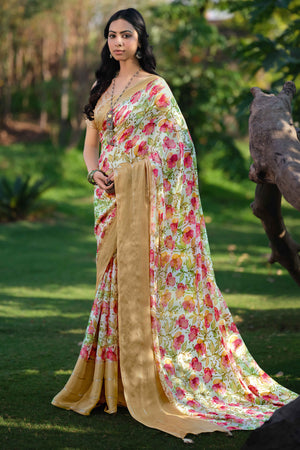 Charming Floral Print Off White Chiffon Saree with Breezy Lightness