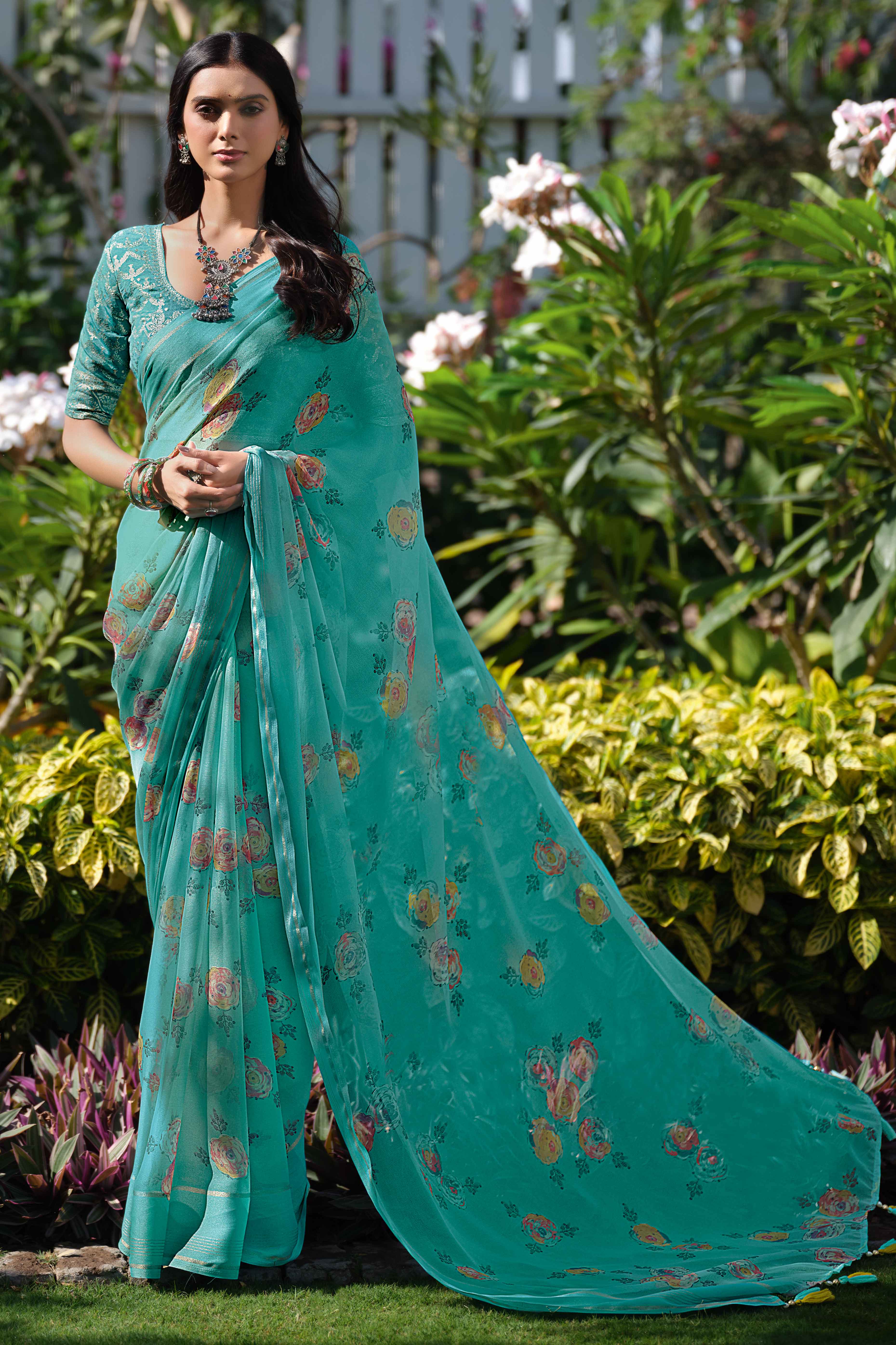 Charming Floral Print Turquoise Chiffon Saree with Breezy Lightness