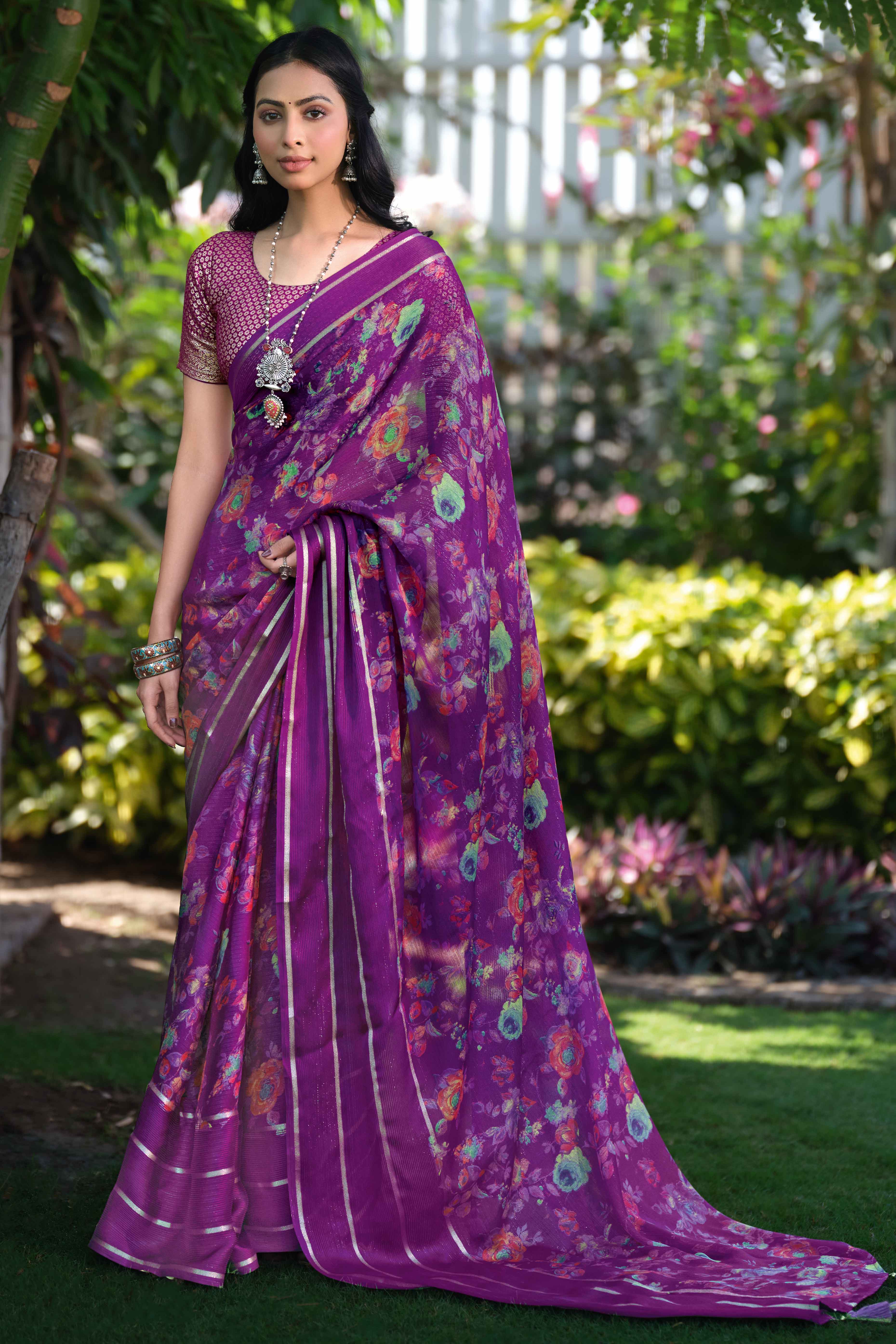Charming Floral Print Purple Chiffon Saree with Breezy Lightness