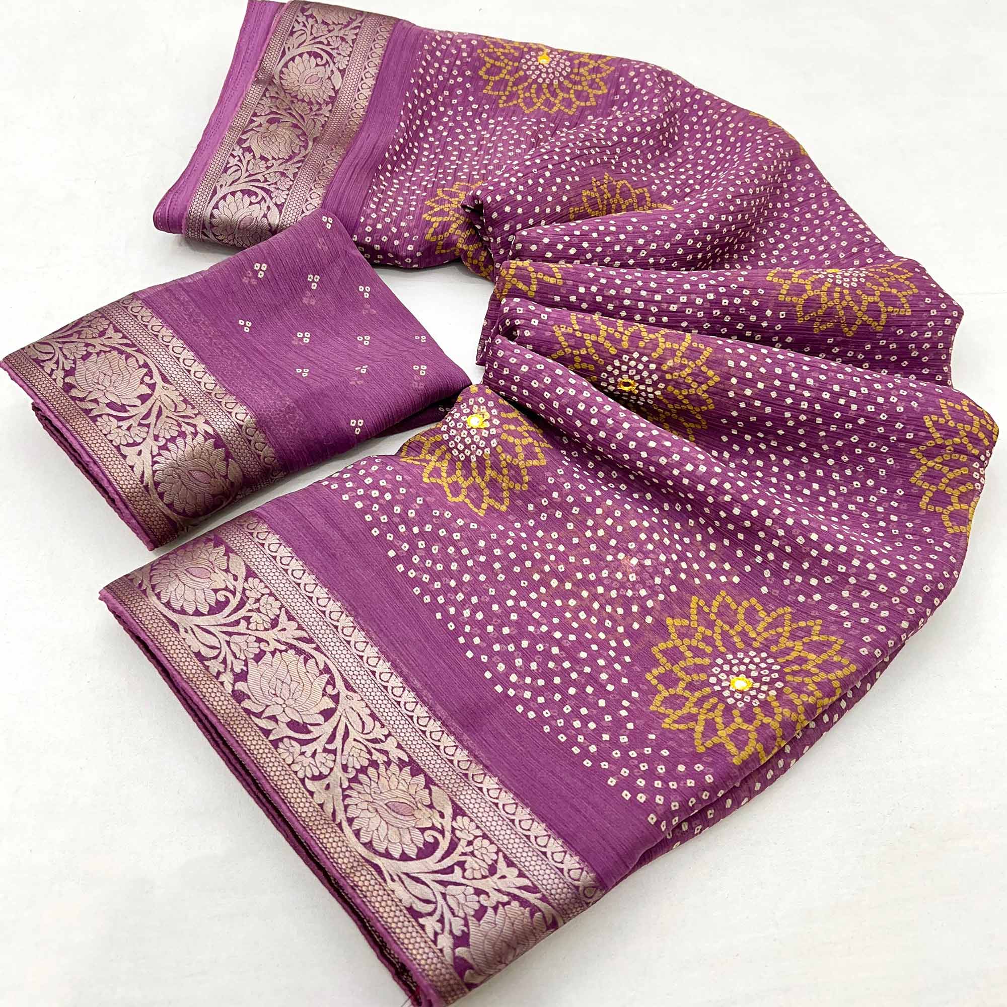 Wine Bandhani Printed Chiffon Saree