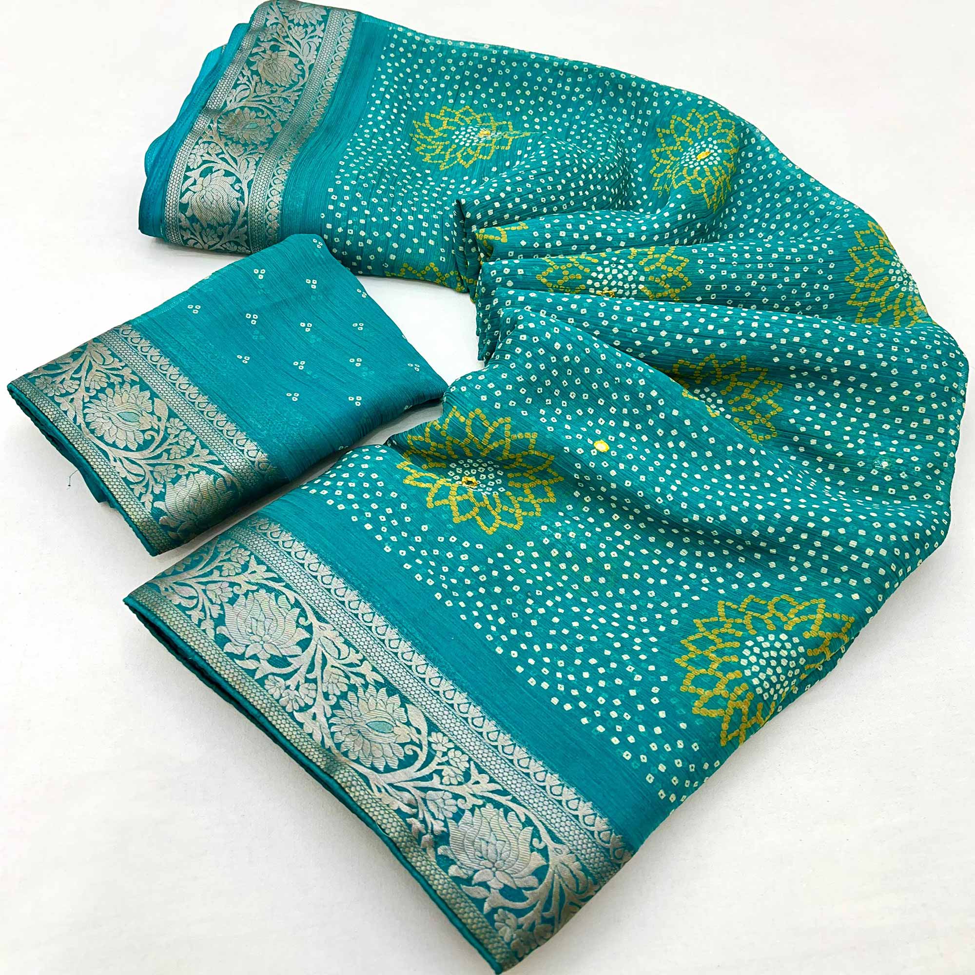 Rama Green Bandhani Printed Chiffon Saree