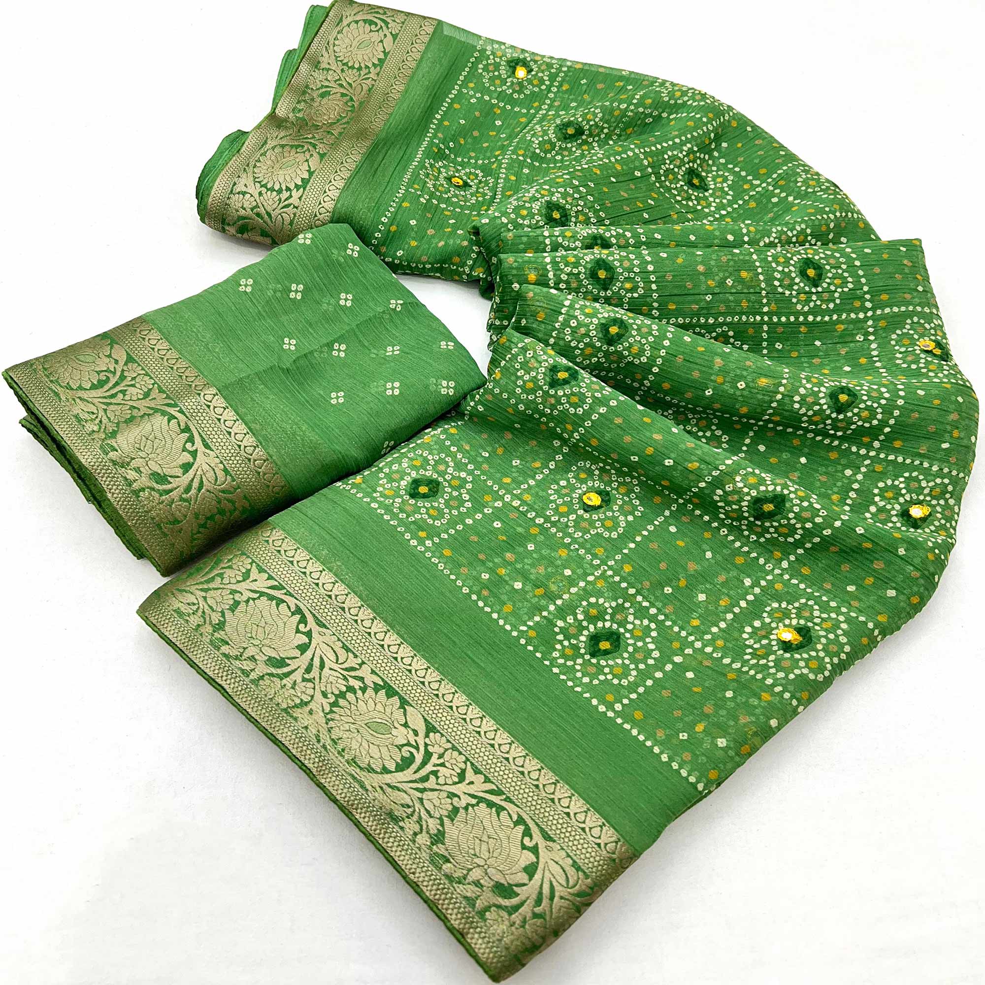 Green Bandhani Printed Chiffon Saree