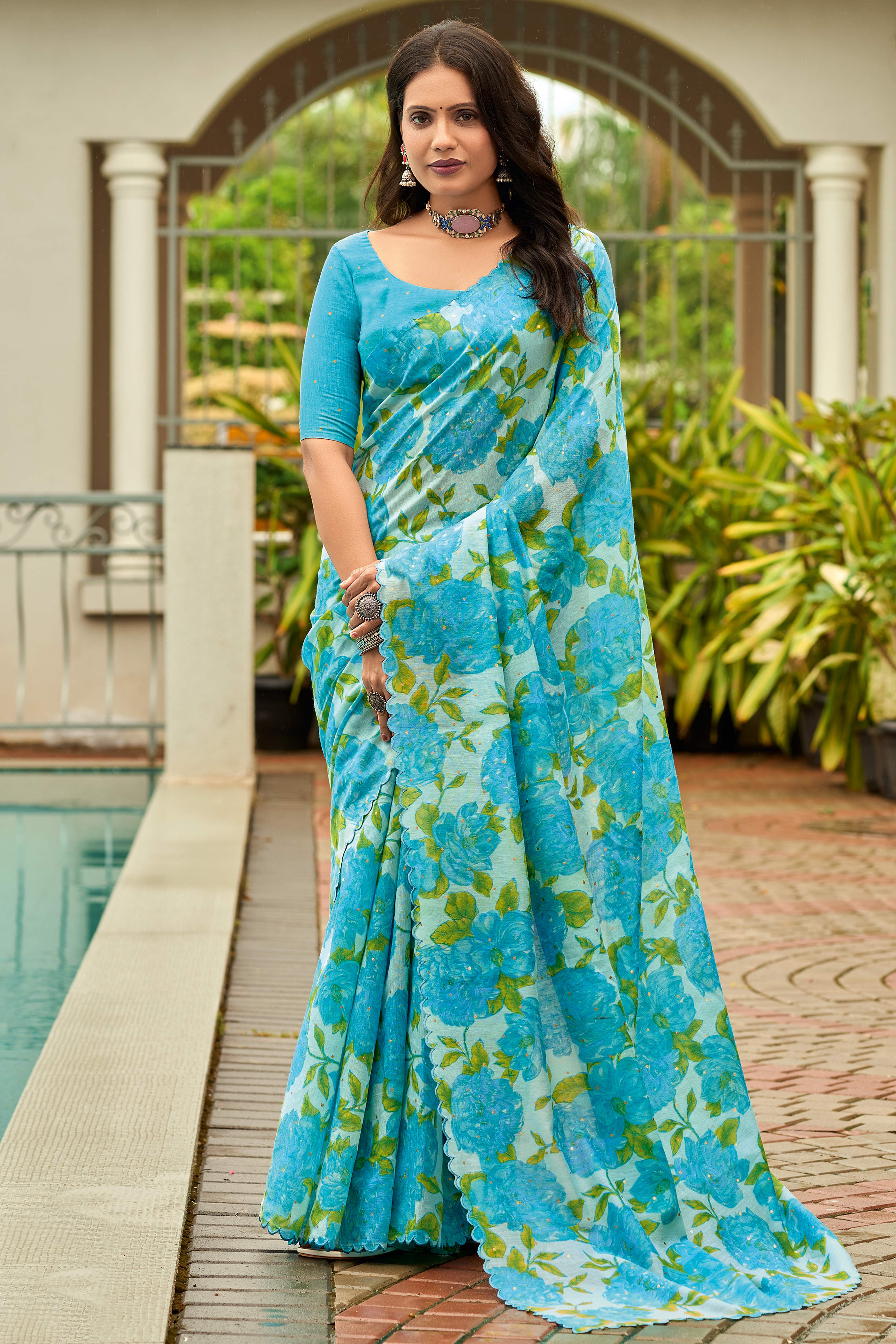 Blue Floral Printed Silk Blend Saree Enhanced with Intricate Stone Detailing