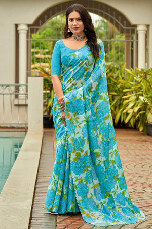 Blue Floral Printed Silk Blend Saree Enhanced with Intricate Stone Detailing