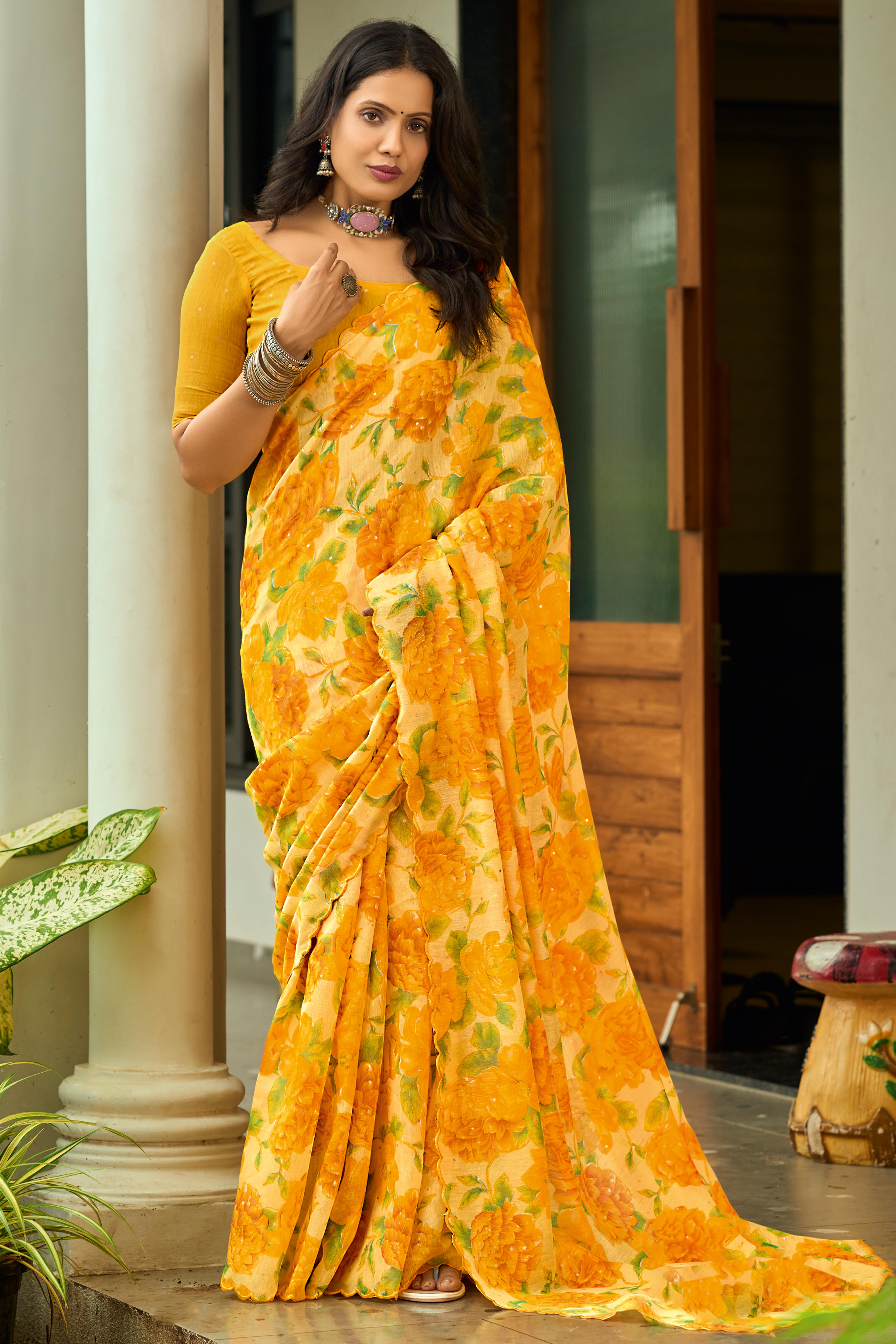 Yellow Floral Printed Silk Blend Saree Enhanced with Intricate Stone Detailing