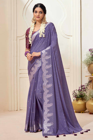 Lavender Chinon Saree with Jacquard Weaving and Delicate Tassel Accents