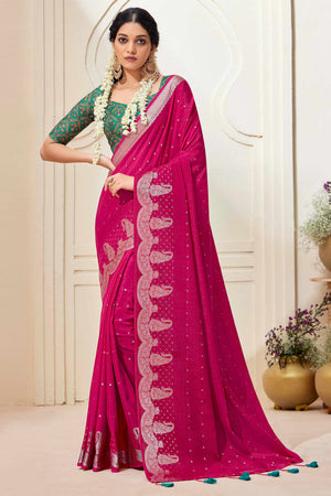 Pink Chinon Saree with Jacquard Weaving and Delicate Tassel Accents