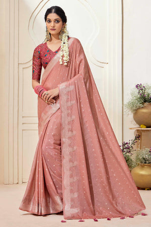 Peach Chinon Saree with Jacquard Weaving and Delicate Tassel Accents