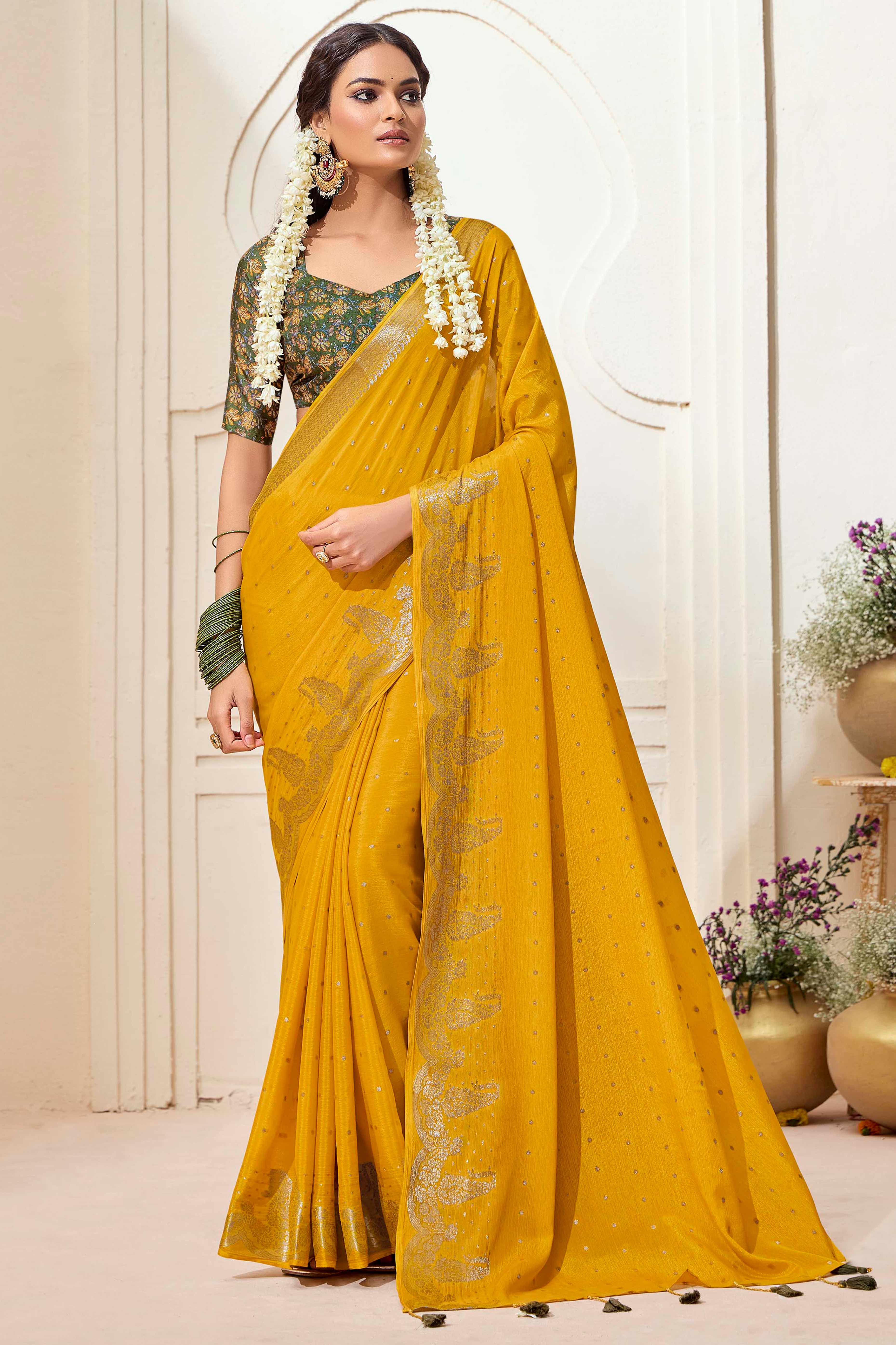 Mustard Chinon Saree with Jacquard Weaving and Delicate Tassel Accents