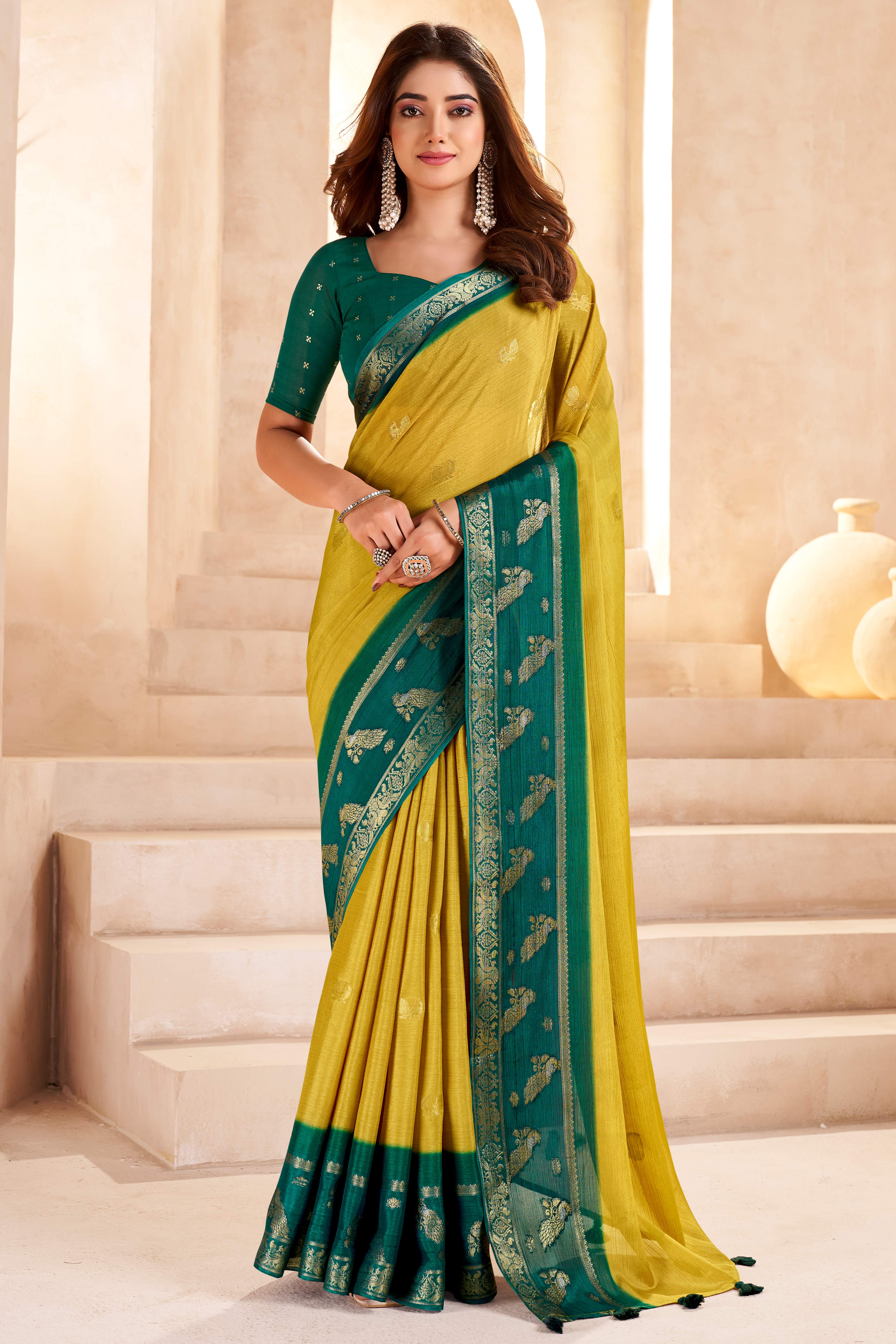 Yellow Chinon Saree Featuring Exquisite Jacquard Weaving for a Timeless and Refined Look