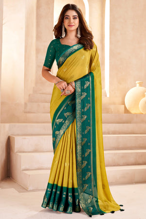 Yellow Chinon Saree Featuring Exquisite Jacquard Weaving for a Timeless and Refined Look