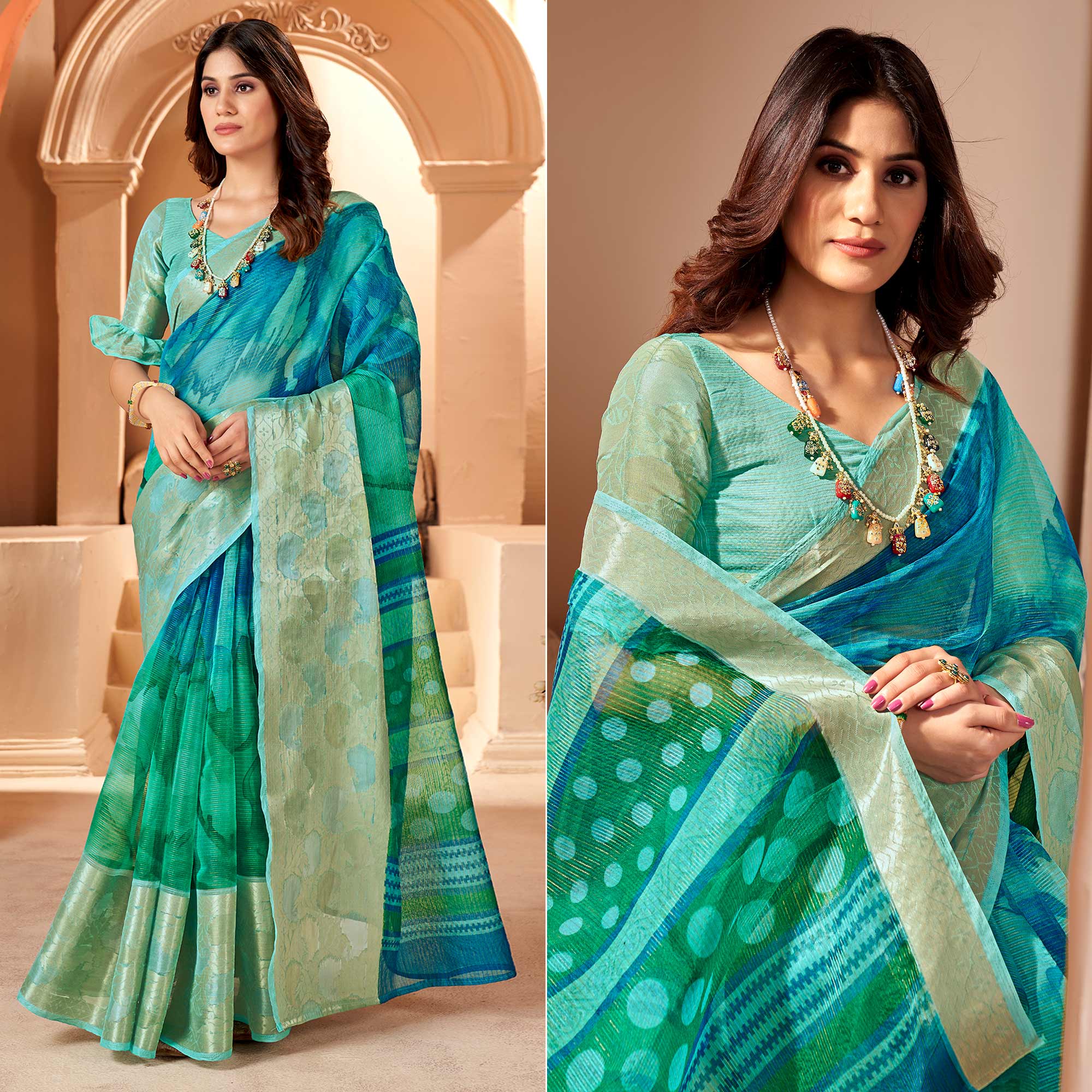 Blue & Sea Green Printed Organza Saree With Woven Border