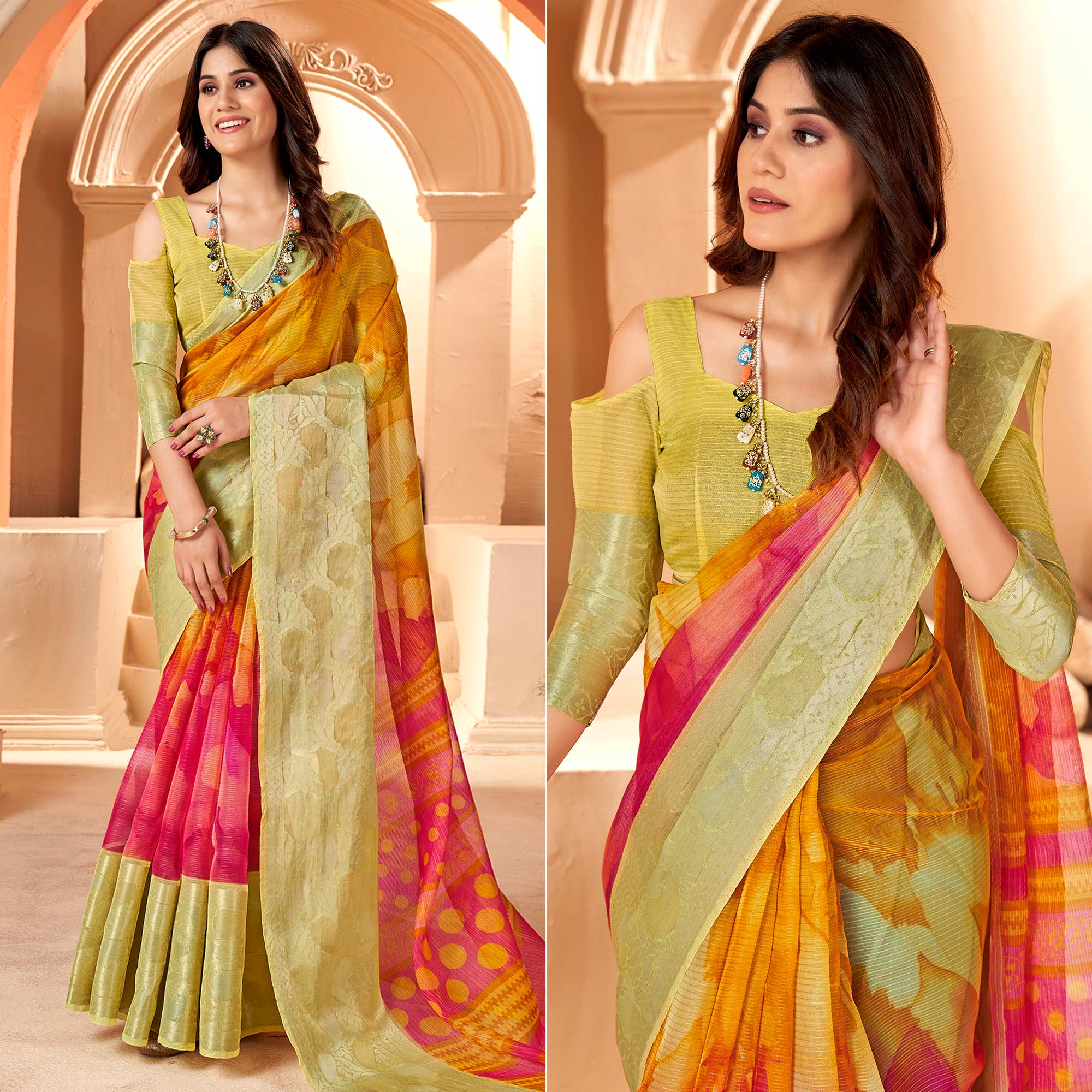 Mustard & Pink Printed Organza Saree With Woven Border